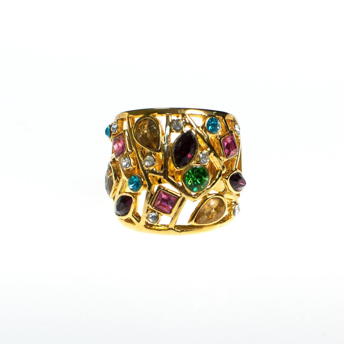 Vintage Gold Tone Ring Multi Color Pink, Green, Purple, Yellow, Blue, and Clear Rhinestones, Statement Ring, Ring Size 8