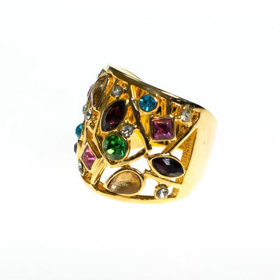 Vintage Gold Tone Ring Multi Color Pink, Green, Purple, Yellow, Blue, and Clear Rhinestones, Statement Ring, Ring Size 8 by 1990s - Vintage Meet Modern Vintage Jewelry - Chicago, Illinois - #oldhollywoodglamour #vintagemeetmodern #designervintage #jewelrybox #antiquejewelry #vintagejewelry