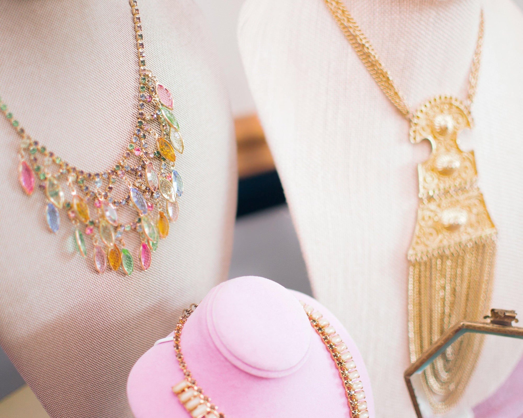 Vintage Etruscan Statement Necklace with Waterfall Chain by 1960s - Vintage Meet Modern Vintage Jewelry - Chicago, Illinois - #oldhollywoodglamour #vintagemeetmodern #designervintage #jewelrybox #antiquejewelry #vintagejewelry