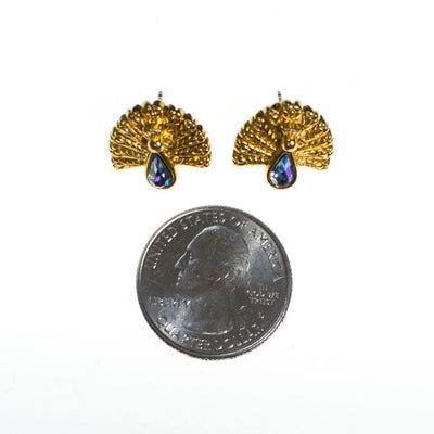 Vintage Gold Tone Peacock Earrings with Aurora Borealis Iridescent Blue Rhinestone, Pierced Post Earrings by Aurora Borealis - Vintage Meet Modern Vintage Jewelry - Chicago, Illinois - #oldhollywoodglamour #vintagemeetmodern #designervintage #jewelrybox #antiquejewelry #vintagejewelry