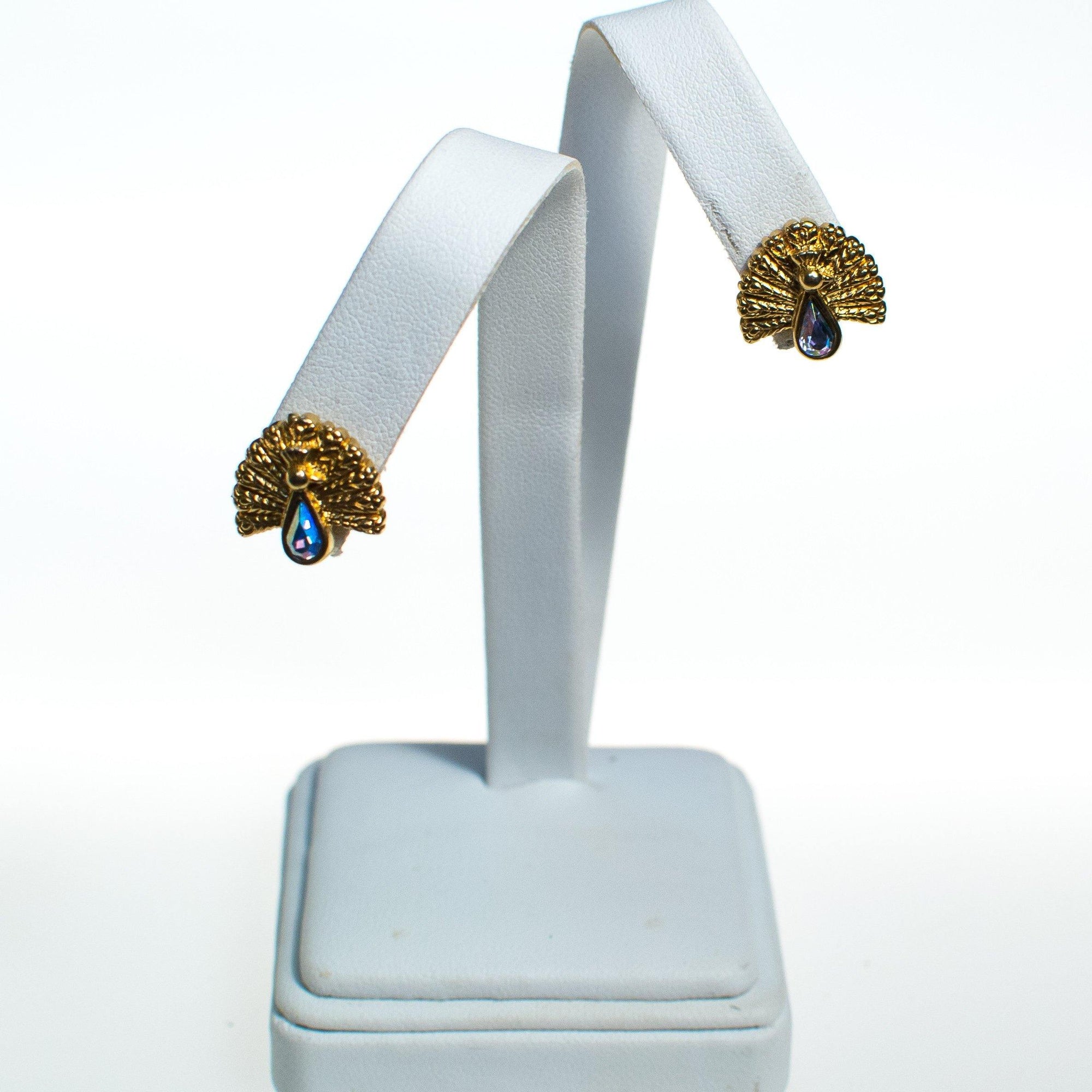 Vintage Gold Tone Peacock Earrings with Aurora Borealis Iridescent Blue Rhinestone, Pierced Post Earrings by Aurora Borealis - Vintage Meet Modern Vintage Jewelry - Chicago, Illinois - #oldhollywoodglamour #vintagemeetmodern #designervintage #jewelrybox #antiquejewelry #vintagejewelry