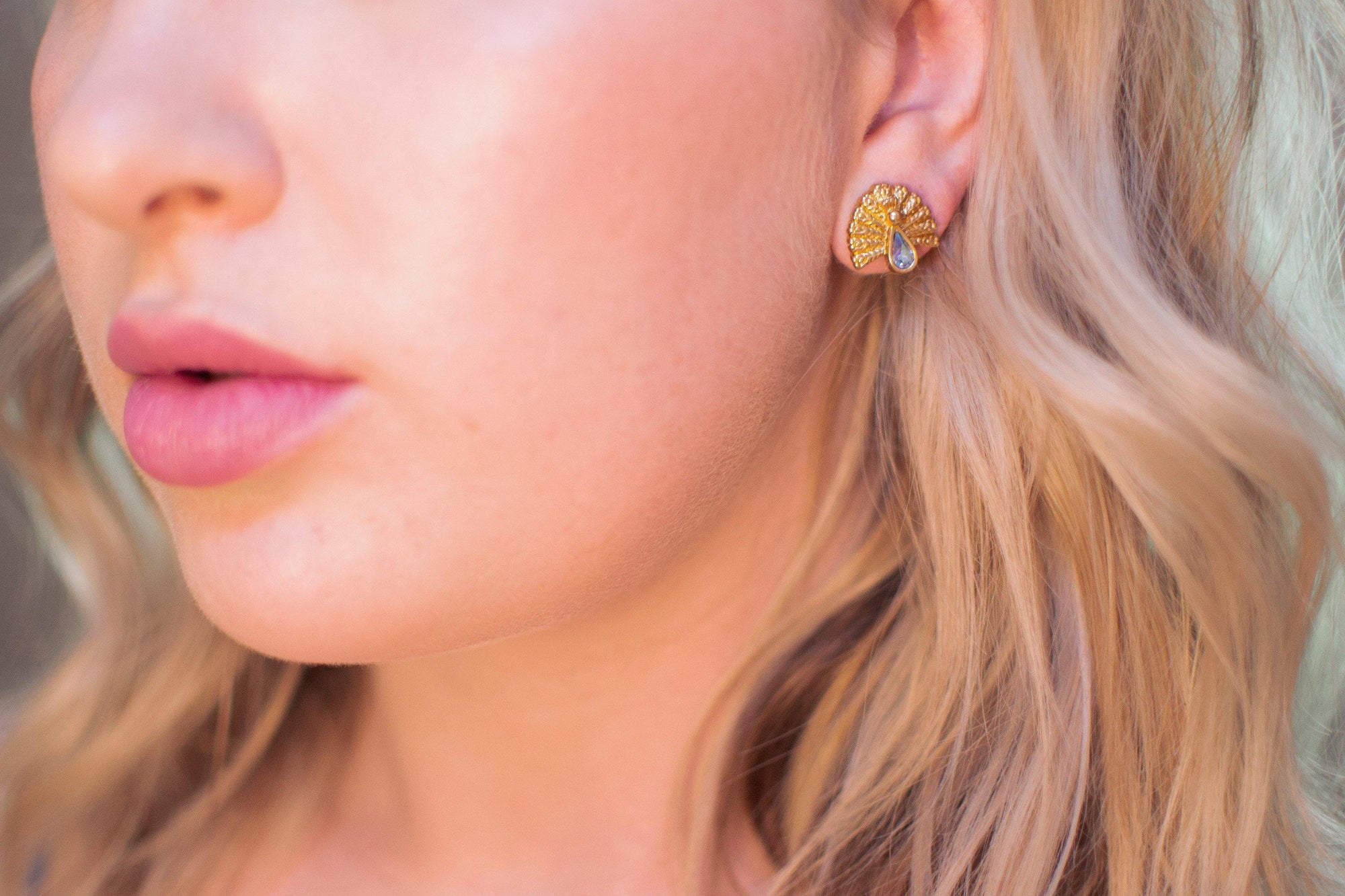 Vintage Gold Tone Peacock Earrings with Aurora Borealis Iridescent Blue Rhinestone, Pierced Post Earrings by Aurora Borealis - Vintage Meet Modern Vintage Jewelry - Chicago, Illinois - #oldhollywoodglamour #vintagemeetmodern #designervintage #jewelrybox #antiquejewelry #vintagejewelry