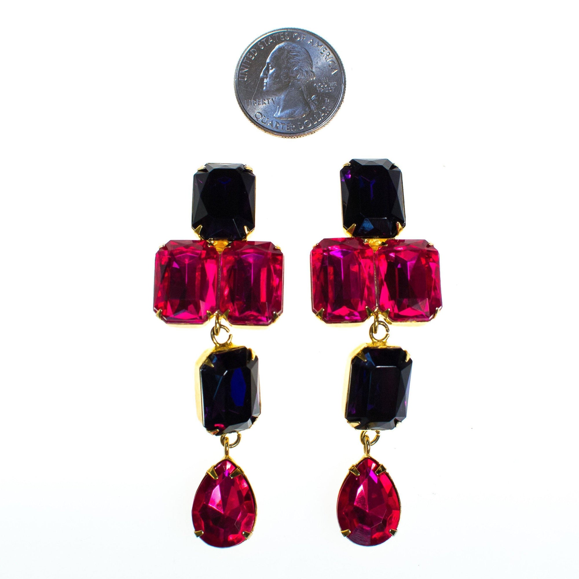 Vintage Les Bernard Pink and Purple Rhinestone Statement Earrings, Clip On, 1980s Runway Style by Les Bernard - Vintage Meet Modern Vintage Jewelry - Chicago, Illinois - #oldhollywoodglamour #vintagemeetmodern #designervintage #jewelrybox #antiquejewelry #vintagejewelry