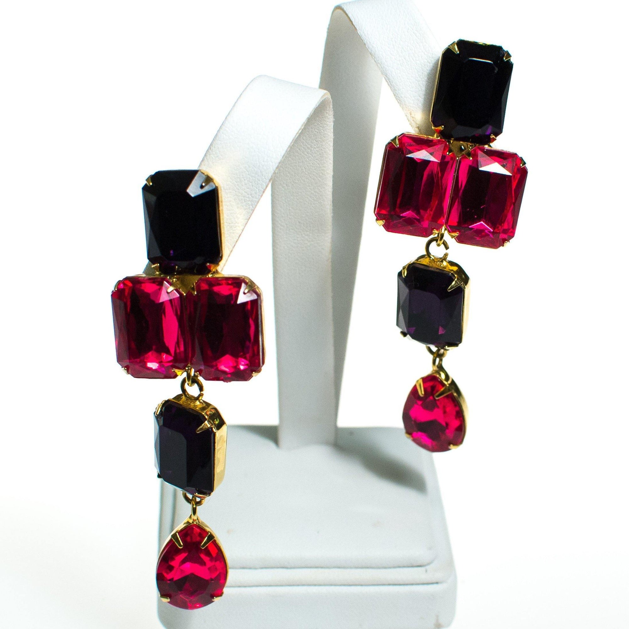 Vintage Les Bernard Pink and Purple Rhinestone Statement Earrings, Clip On, 1980s Runway Style by Les Bernard - Vintage Meet Modern Vintage Jewelry - Chicago, Illinois - #oldhollywoodglamour #vintagemeetmodern #designervintage #jewelrybox #antiquejewelry #vintagejewelry