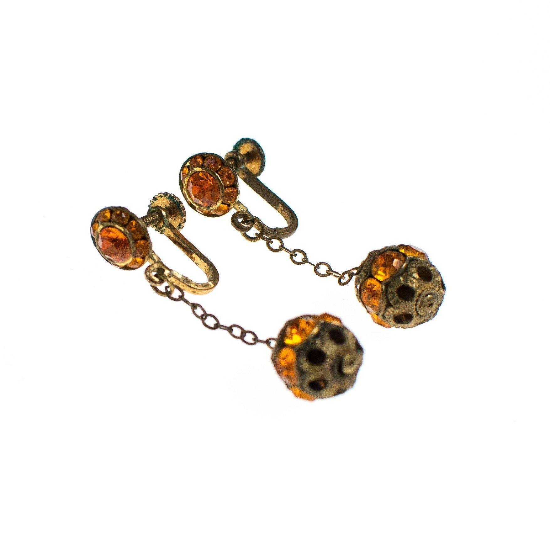 Vintage Amber Rhinestone Drop Earrings, West Germany, Screw Back by 1950s - Vintage Meet Modern Vintage Jewelry - Chicago, Illinois - #oldhollywoodglamour #vintagemeetmodern #designervintage #jewelrybox #antiquejewelry #vintagejewelry