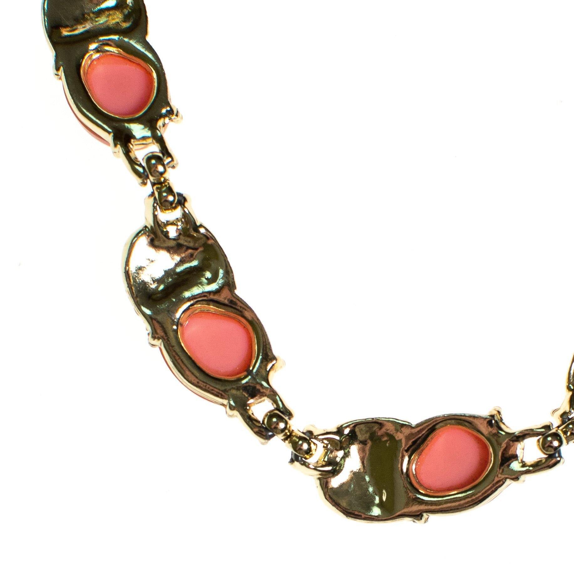 Vintage Pink Lucite Necklace, Gold Tone, Hook Clasp by 1950s - Vintage Meet Modern Vintage Jewelry - Chicago, Illinois - #oldhollywoodglamour #vintagemeetmodern #designervintage #jewelrybox #antiquejewelry #vintagejewelry