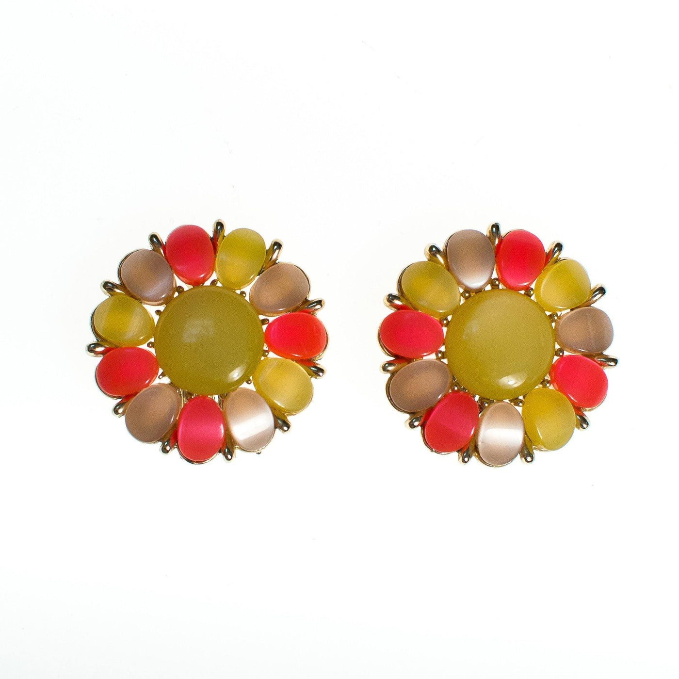 Vintage 1950s Mod Yellow Orange, Champagne Thermoset Lucite Moonglow Medallion Statement Earrings, Clip On
