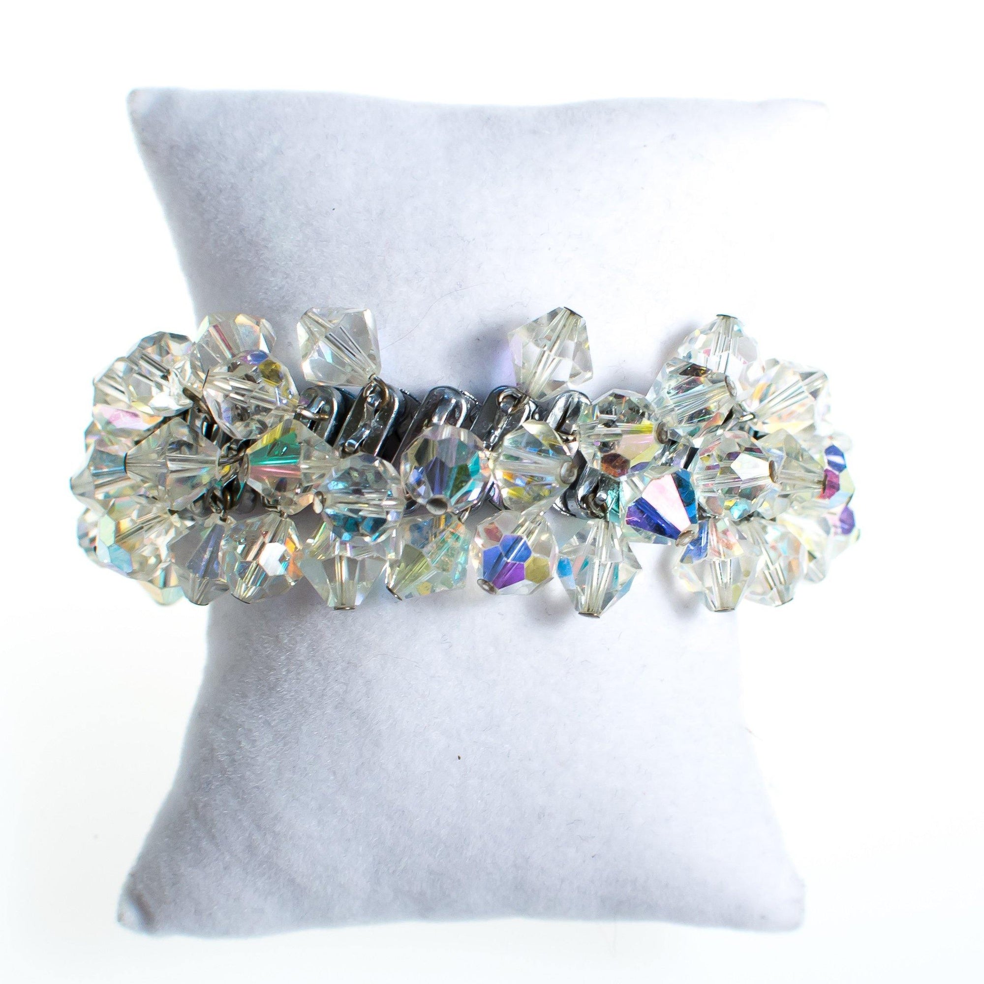 Vintage 1950s Aurora Borealis Crystal Bead Cha Cha Expansion Bracelet by 1950s - Vintage Meet Modern Vintage Jewelry - Chicago, Illinois - #oldhollywoodglamour #vintagemeetmodern #designervintage #jewelrybox #antiquejewelry #vintagejewelry