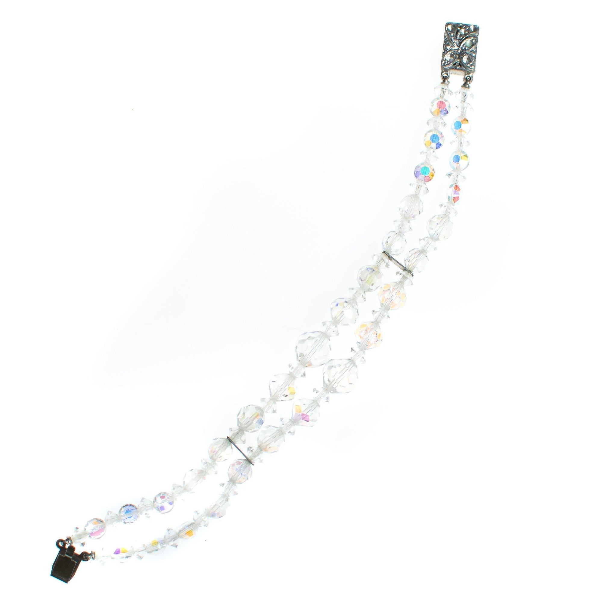 Vintage Double Strand Faceted Aurora Borealis Crystal Beaded Bracelet with Silver Filigree Clasp by Aurora Borealis - Vintage Meet Modern Vintage Jewelry - Chicago, Illinois - #oldhollywoodglamour #vintagemeetmodern #designervintage #jewelrybox #antiquejewelry #vintagejewelry