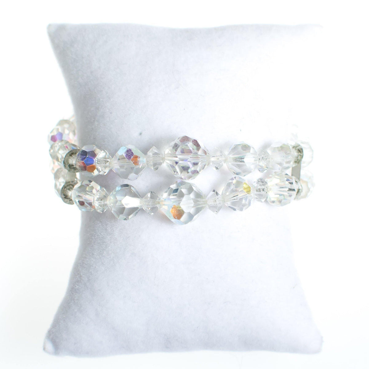 Vintage Double Strand Faceted Aurora Borealis Crystal Beaded Bracelet with Silver Filigree Clasp