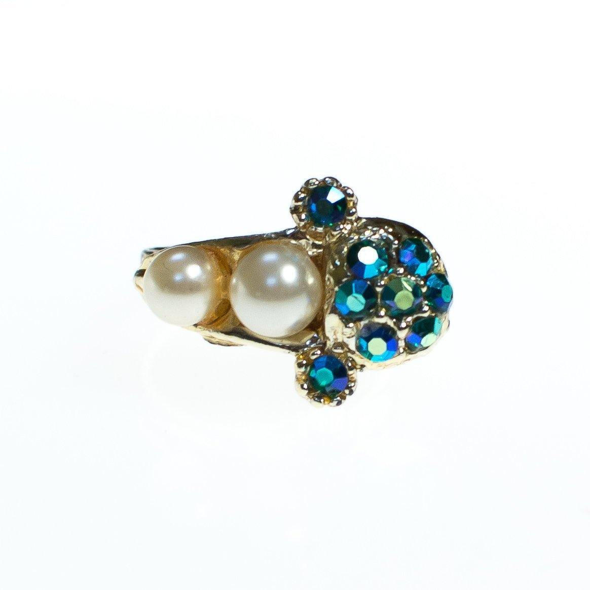 Vintage 1960s Faux Pearl and Green Blue Iridescent Aurora Borealis Adjustable Cocktail Statement Ring