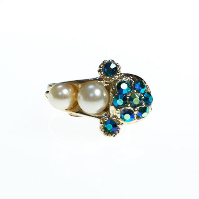 Vintage 1960s Faux Pearl and Green Blue Iridescent Aurora Borealis Adjustable Cocktail Statement Ring by 1960s - Vintage Meet Modern Vintage Jewelry - Chicago, Illinois - #oldhollywoodglamour #vintagemeetmodern #designervintage #jewelrybox #antiquejewelry #vintagejewelry