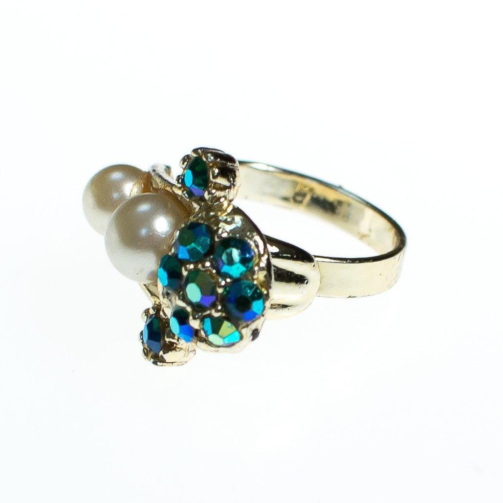 Vintage 1960s Faux Pearl and Green Blue Iridescent Aurora Borealis Adjustable Cocktail Statement Ring by 1960s - Vintage Meet Modern Vintage Jewelry - Chicago, Illinois - #oldhollywoodglamour #vintagemeetmodern #designervintage #jewelrybox #antiquejewelry #vintagejewelry