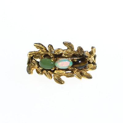 Vintage Gold Band Ring with Leaves Jade Opaline and Tigers Eye by 1960s - Vintage Meet Modern Vintage Jewelry - Chicago, Illinois - #oldhollywoodglamour #vintagemeetmodern #designervintage #jewelrybox #antiquejewelry #vintagejewelry