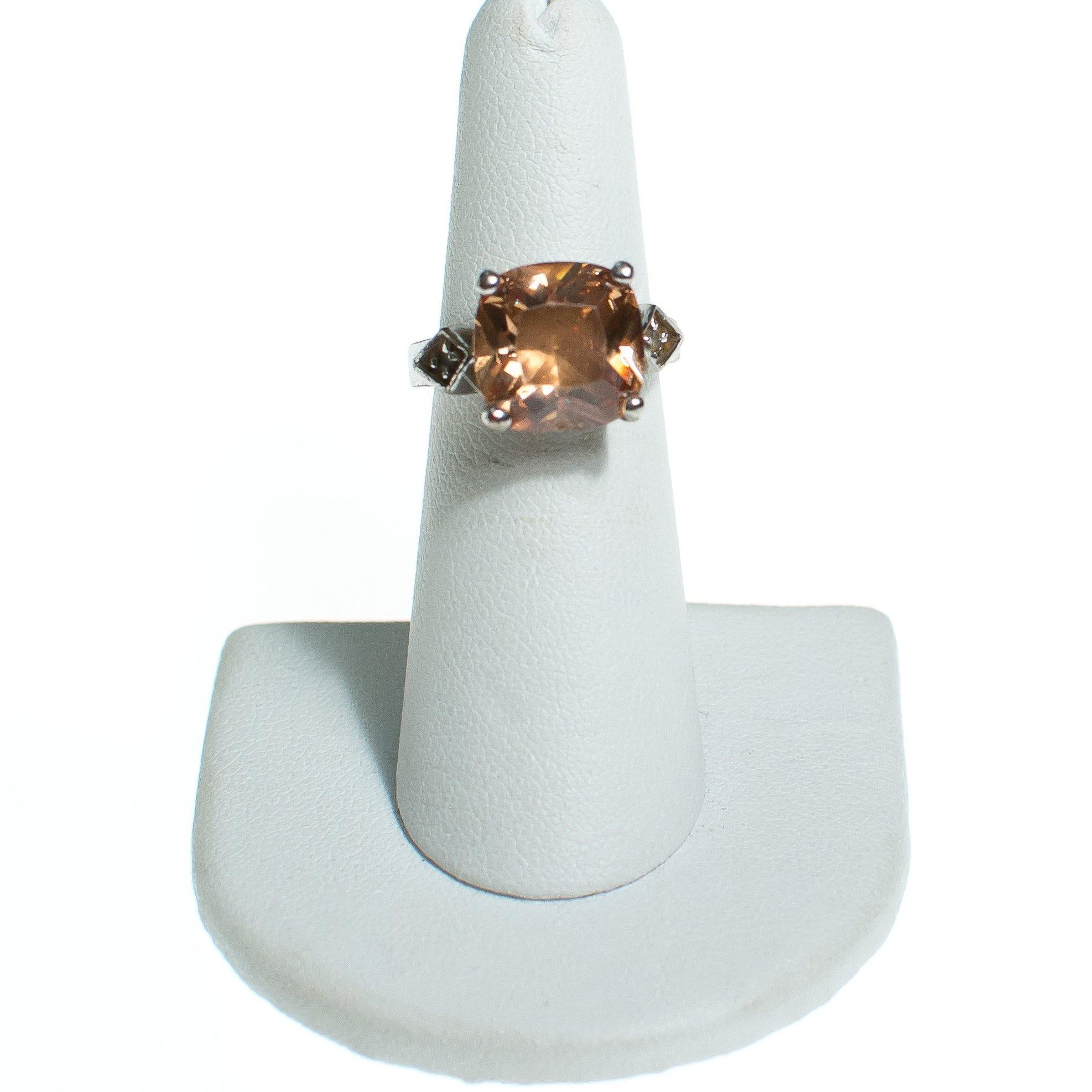 Vintage Peach Topaz and Marcasite Ring, Cushion Cut Center Center Stone Set in Sterling Silver by 1990s - Vintage Meet Modern Vintage Jewelry - Chicago, Illinois - #oldhollywoodglamour #vintagemeetmodern #designervintage #jewelrybox #antiquejewelry #vintagejewelry