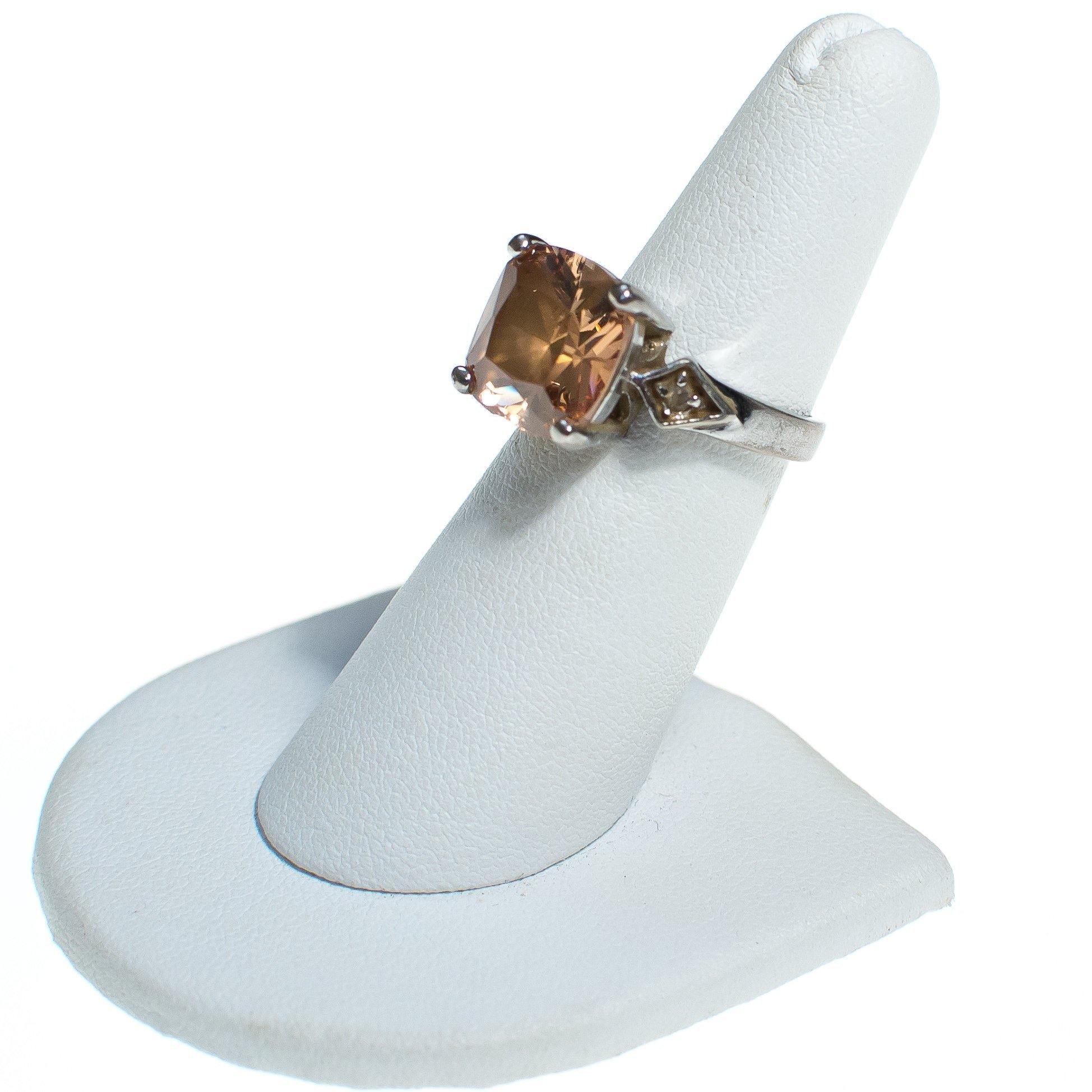Vintage Peach Topaz and Marcasite Ring, Cushion Cut Center Center Stone Set in Sterling Silver by 1990s - Vintage Meet Modern Vintage Jewelry - Chicago, Illinois - #oldhollywoodglamour #vintagemeetmodern #designervintage #jewelrybox #antiquejewelry #vintagejewelry