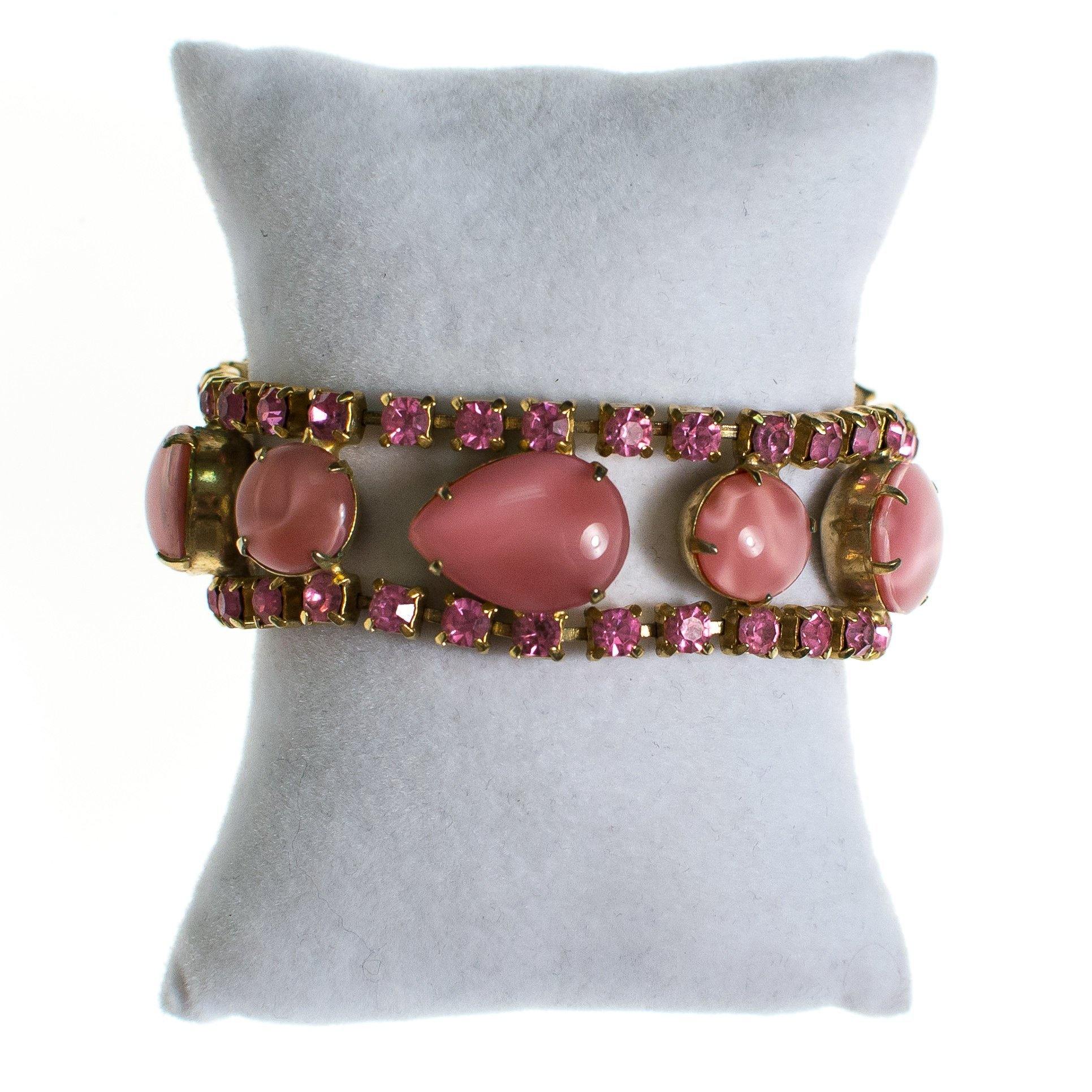 Vintage Pink Crystal and Moonglow Rhinestone Bracelet by 1960s - Vintage Meet Modern Vintage Jewelry - Chicago, Illinois - #oldhollywoodglamour #vintagemeetmodern #designervintage #jewelrybox #antiquejewelry #vintagejewelry