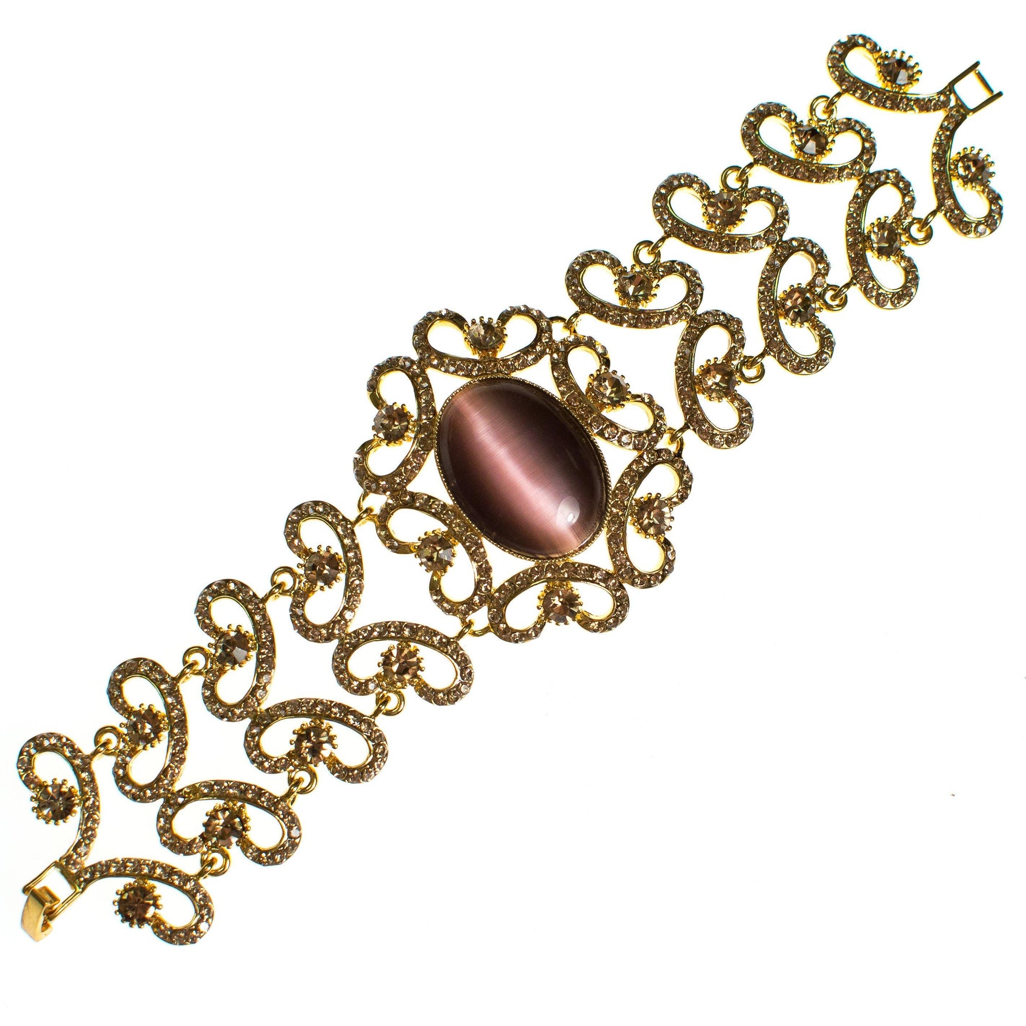 Vintage Gold Filigree Scroll Link Bracelet with Amethyst Cats Eye Moonglow Cabochon by Filigree - Vintage Meet Modern Vintage Jewelry - Chicago, Illinois - #oldhollywoodglamour #vintagemeetmodern #designervintage #jewelrybox #antiquejewelry #vintagejewelry