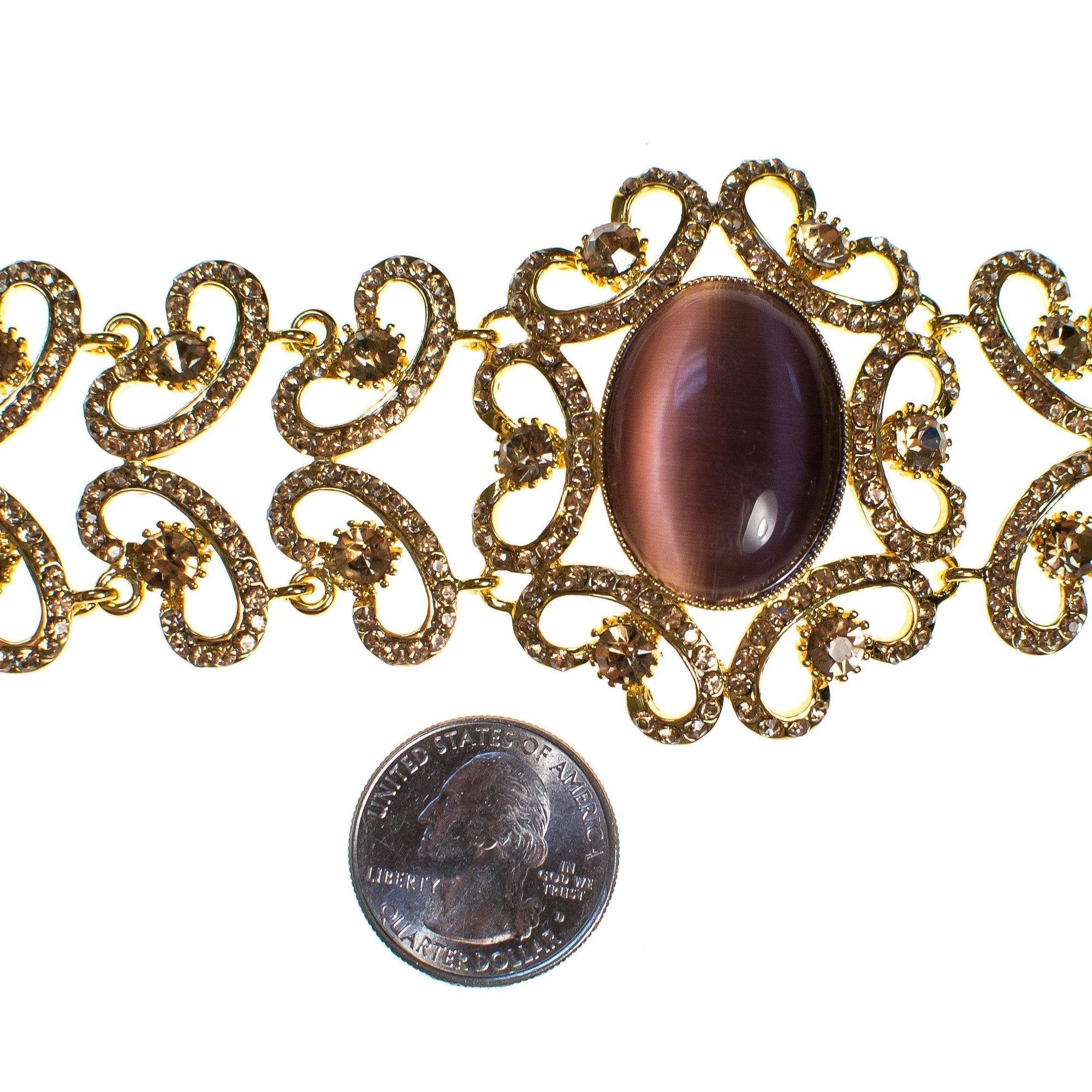 Vintage Gold Filigree Scroll Link Bracelet with Amethyst Cats Eye Moonglow Cabochon by Filigree - Vintage Meet Modern Vintage Jewelry - Chicago, Illinois - #oldhollywoodglamour #vintagemeetmodern #designervintage #jewelrybox #antiquejewelry #vintagejewelry