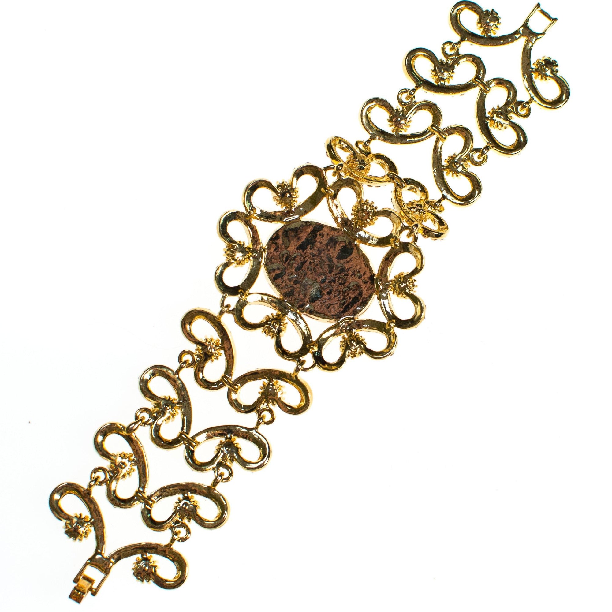 Vintage Gold Filigree Scroll Link Bracelet with Amethyst Cats Eye Moonglow Cabochon by Filigree - Vintage Meet Modern Vintage Jewelry - Chicago, Illinois - #oldhollywoodglamour #vintagemeetmodern #designervintage #jewelrybox #antiquejewelry #vintagejewelry