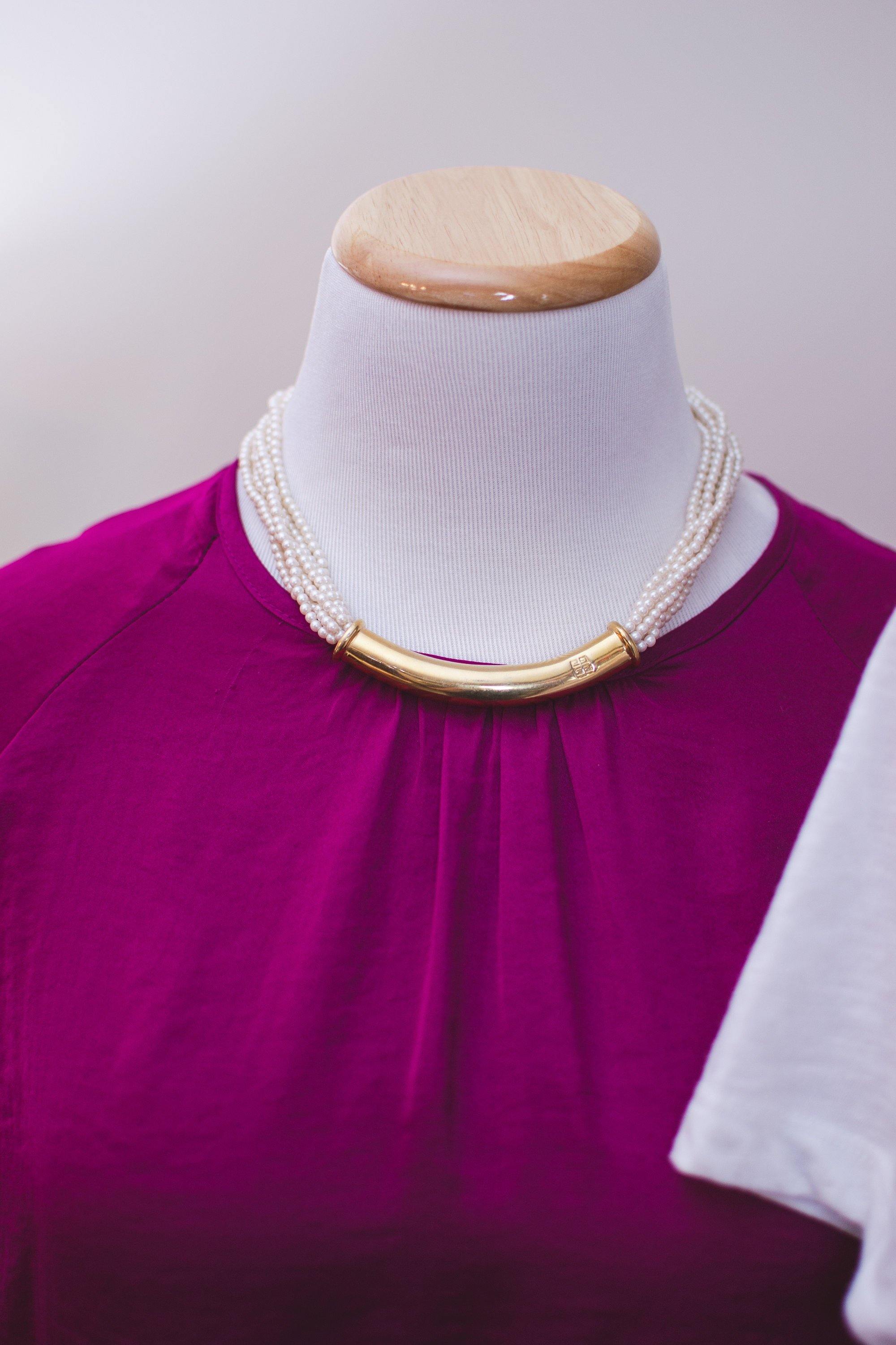 Vintage Givenchy Couture Pearl and Gold Logo Necklace by Givenchy - Vintage Meet Modern Vintage Jewelry - Chicago, Illinois - #oldhollywoodglamour #vintagemeetmodern #designervintage #jewelrybox #antiquejewelry #vintagejewelry