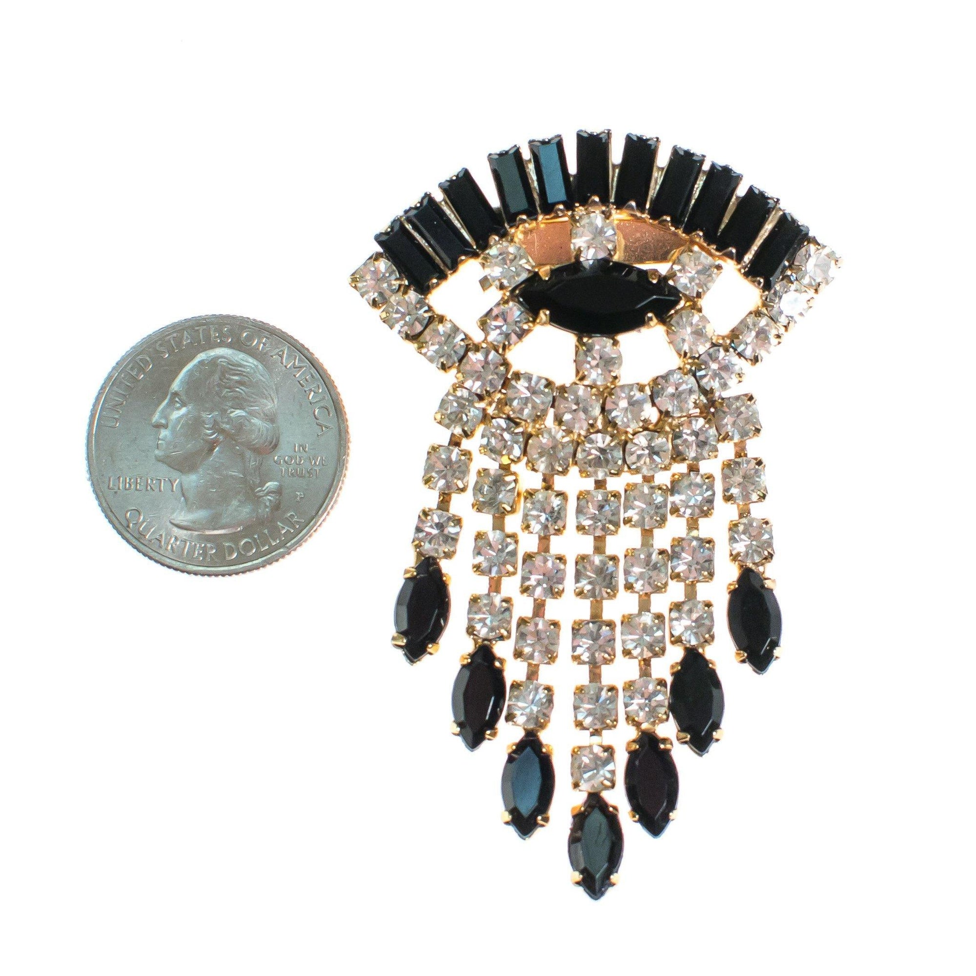 Vintage 1960s Clear Diamante and Jet Black Evil Eye Rhinestone Brooch with Dangles by 1960s - Vintage Meet Modern Vintage Jewelry - Chicago, Illinois - #oldhollywoodglamour #vintagemeetmodern #designervintage #jewelrybox #antiquejewelry #vintagejewelry