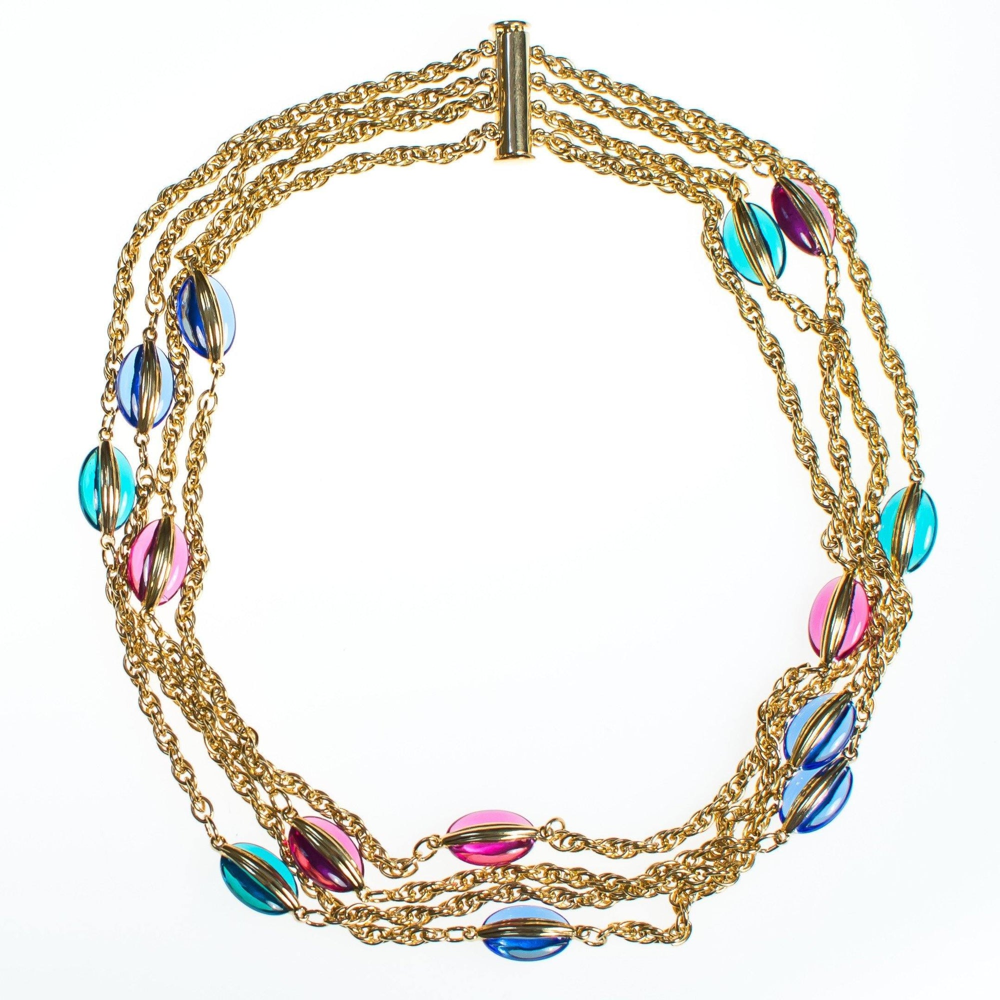 Vintage Swarovski Altier Caged Crystal Bead Multi Strand Necklace Gold With Jewel Tones by Swarovski - Vintage Meet Modern Vintage Jewelry - Chicago, Illinois - #oldhollywoodglamour #vintagemeetmodern #designervintage #jewelrybox #antiquejewelry #vintagejewelry
