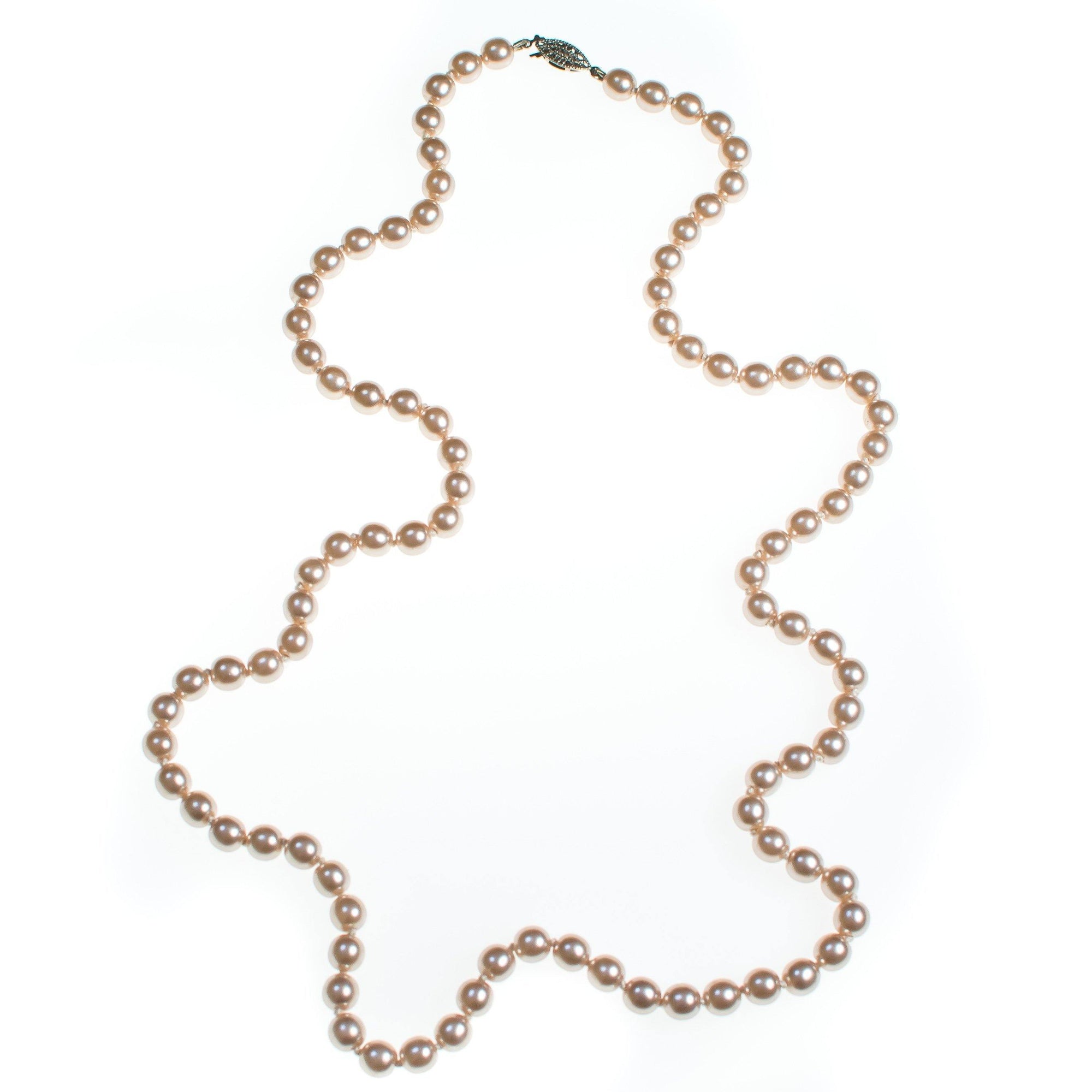 Vintage Champagne Silver Tone Long Hand Knotted Pearl Necklace with Silver Filigree Clasp by 1950s - Vintage Meet Modern Vintage Jewelry - Chicago, Illinois - #oldhollywoodglamour #vintagemeetmodern #designervintage #jewelrybox #antiquejewelry #vintagejewelry