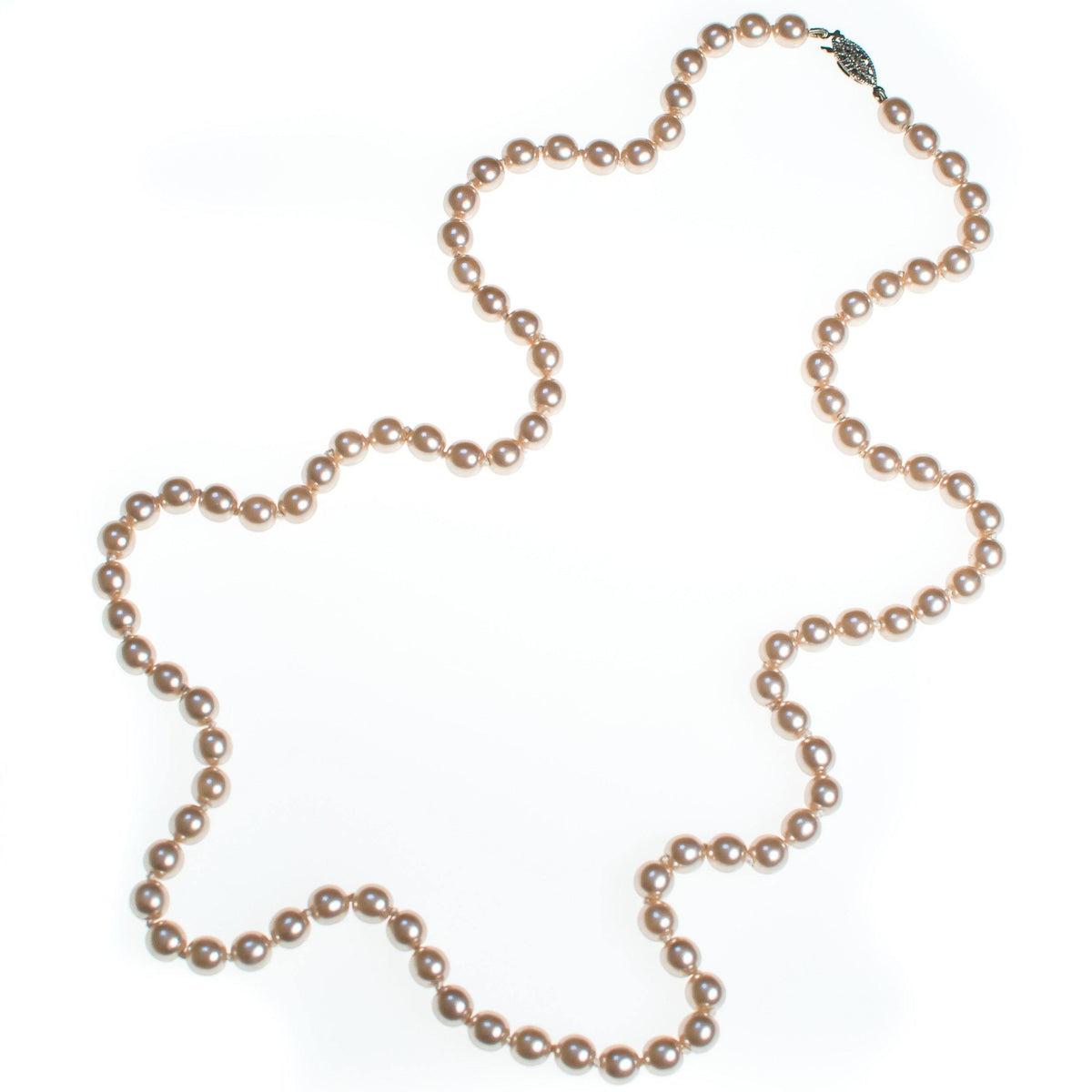 Vintage Champagne Silver Tone Long Hand Knotted Pearl Necklace with Silver Filigree Clasp