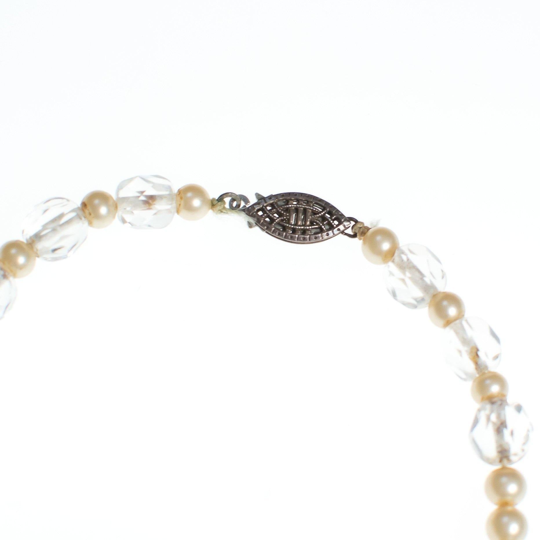 Vintage 1940s Clear Cut Faceted Crystal and Pearl Necklace with Sterling Silver Filigree Clasp by 1940s - Vintage Meet Modern Vintage Jewelry - Chicago, Illinois - #oldhollywoodglamour #vintagemeetmodern #designervintage #jewelrybox #antiquejewelry #vintagejewelry