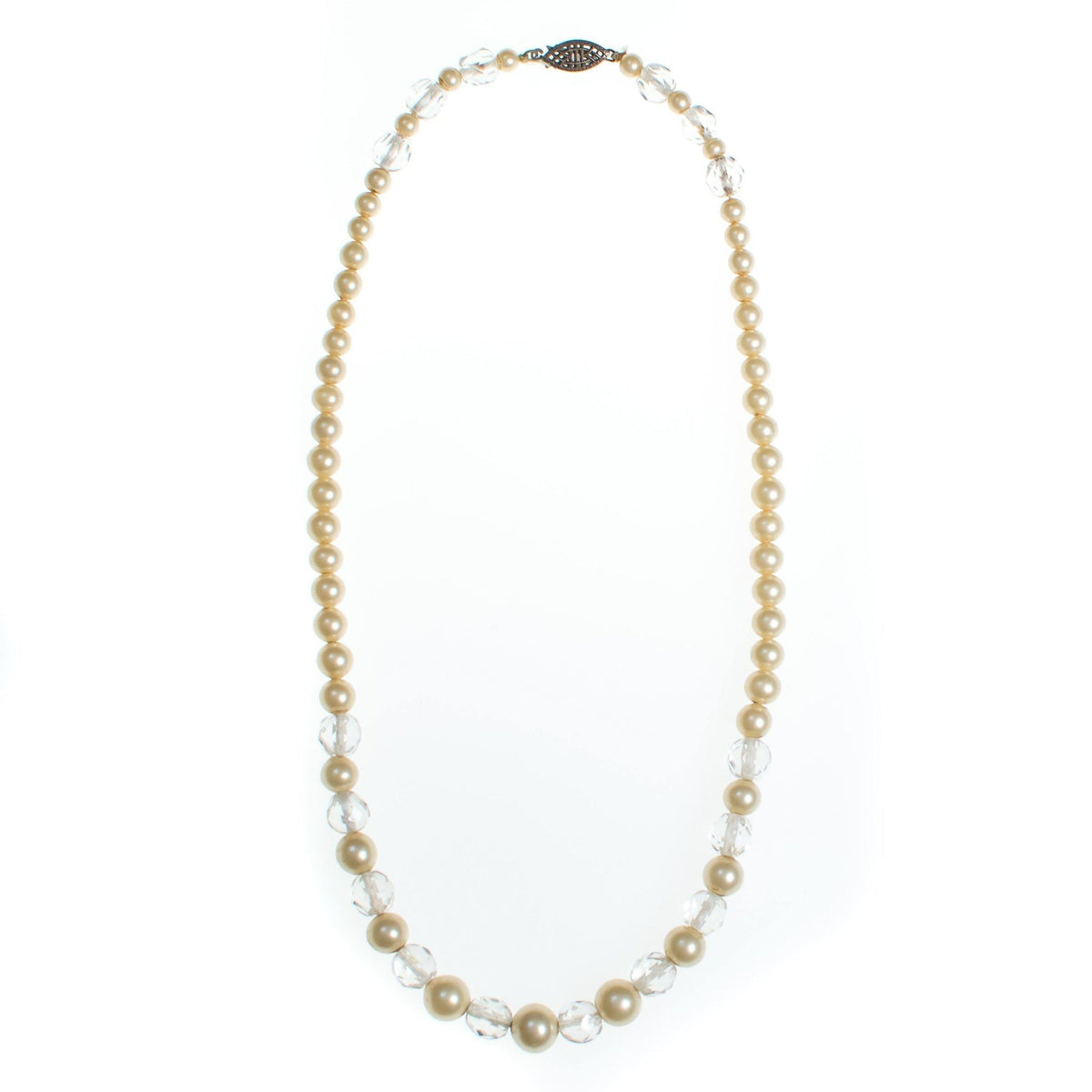 Vintage 1940s Clear Cut Faceted Crystal and Pearl Necklace with Sterling Silver Filigree Clasp