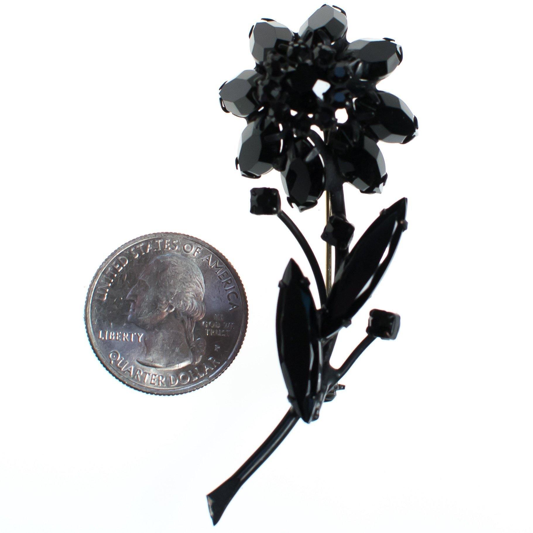 Vintage Black Jet Crystal Flower Brooch Pin Mid Century Modern by 1950s - Vintage Meet Modern Vintage Jewelry - Chicago, Illinois - #oldhollywoodglamour #vintagemeetmodern #designervintage #jewelrybox #antiquejewelry #vintagejewelry