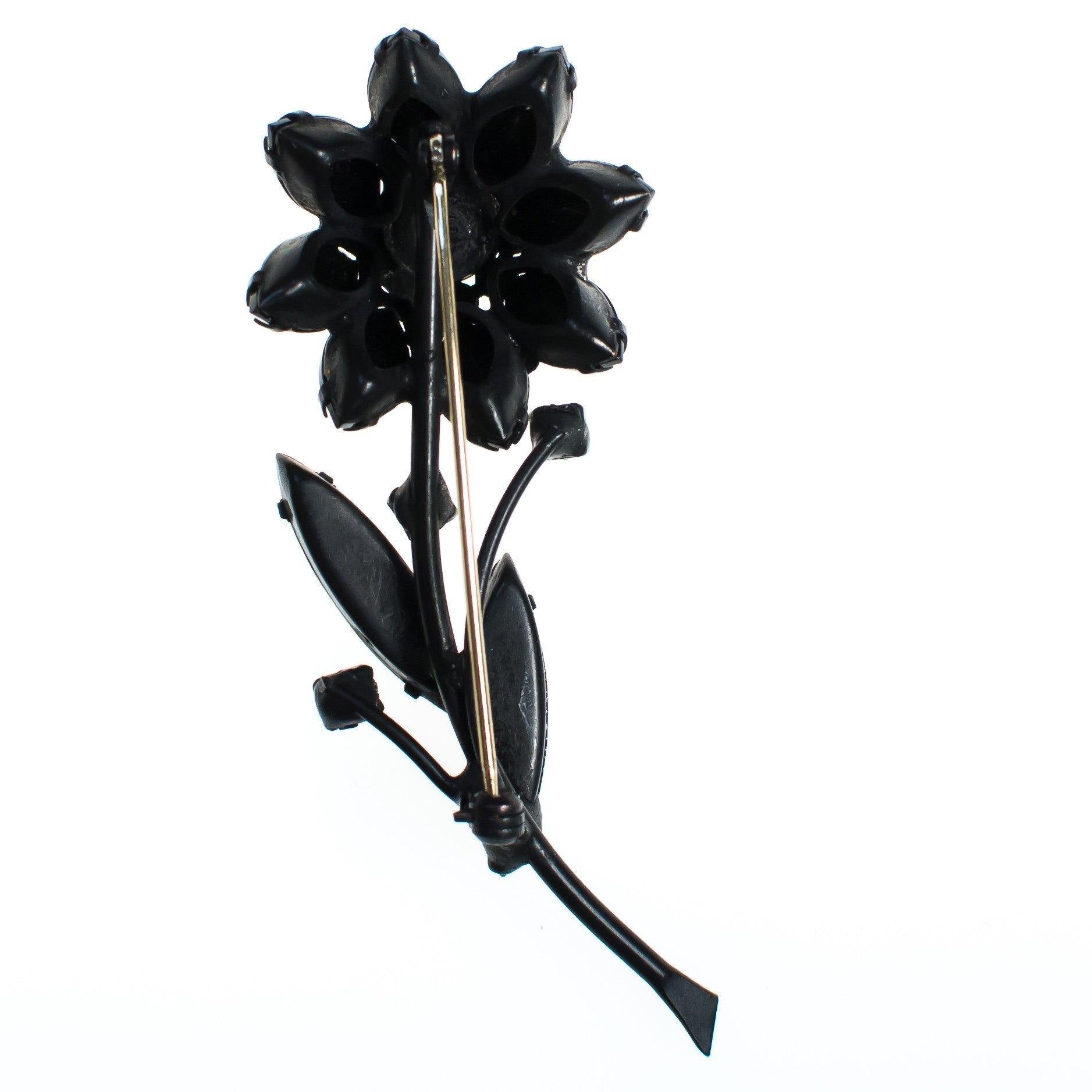 Vintage Black Jet Crystal Flower Brooch Pin Mid Century Modern by 1950s - Vintage Meet Modern Vintage Jewelry - Chicago, Illinois - #oldhollywoodglamour #vintagemeetmodern #designervintage #jewelrybox #antiquejewelry #vintagejewelry