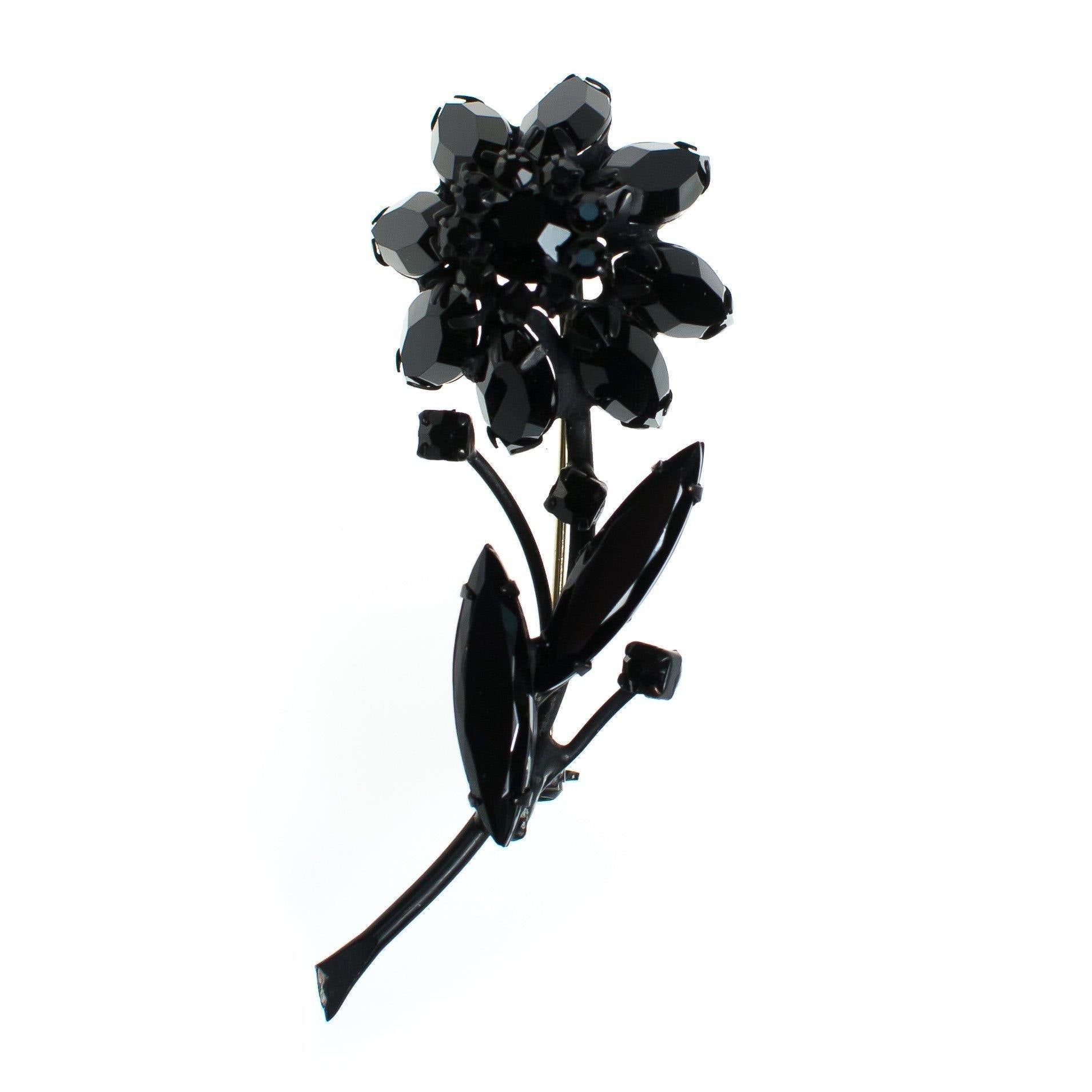 Vintage Black Jet Crystal Flower Brooch Pin Mid Century Modern by 1950s - Vintage Meet Modern Vintage Jewelry - Chicago, Illinois - #oldhollywoodglamour #vintagemeetmodern #designervintage #jewelrybox #antiquejewelry #vintagejewelry