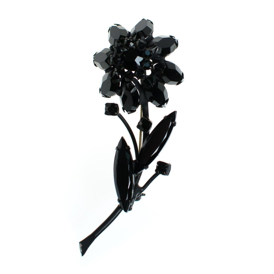 Vintage Black Jet Crystal Flower Brooch Pin Mid Century Modern by 1950s - Vintage Meet Modern Vintage Jewelry - Chicago, Illinois - #oldhollywoodglamour #vintagemeetmodern #designervintage #jewelrybox #antiquejewelry #vintagejewelry