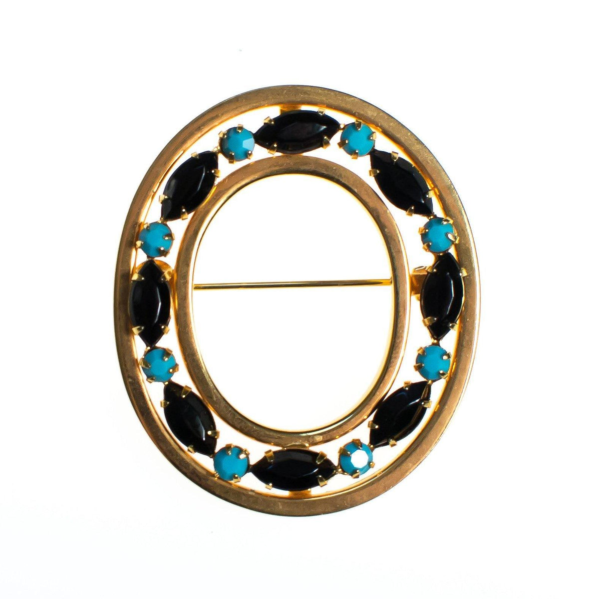 Vintage Gold Oval Brooch with Jet Black, Turquoise Crystal Rhinestones
