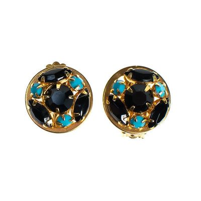 Vintage Blue and Turquoise Rhinestone Earrings, Round, Clip-on by 1950s - Vintage Meet Modern Vintage Jewelry - Chicago, Illinois - #oldhollywoodglamour #vintagemeetmodern #designervintage #jewelrybox #antiquejewelry #vintagejewelry