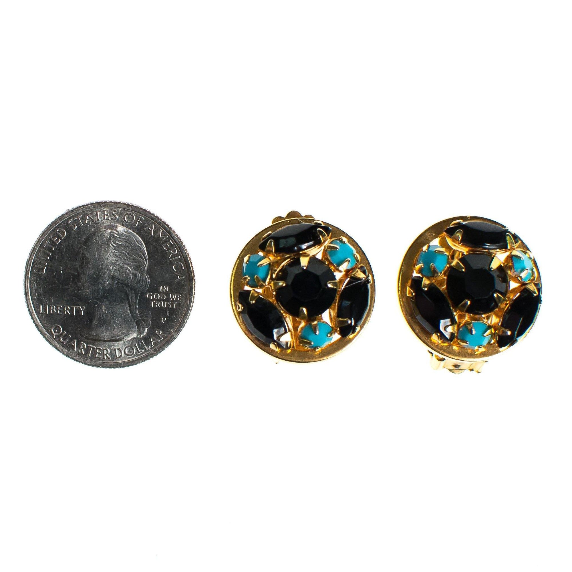 Vintage Blue and Turquoise Rhinestone Earrings, Round, Clip-on by 1950s - Vintage Meet Modern Vintage Jewelry - Chicago, Illinois - #oldhollywoodglamour #vintagemeetmodern #designervintage #jewelrybox #antiquejewelry #vintagejewelry