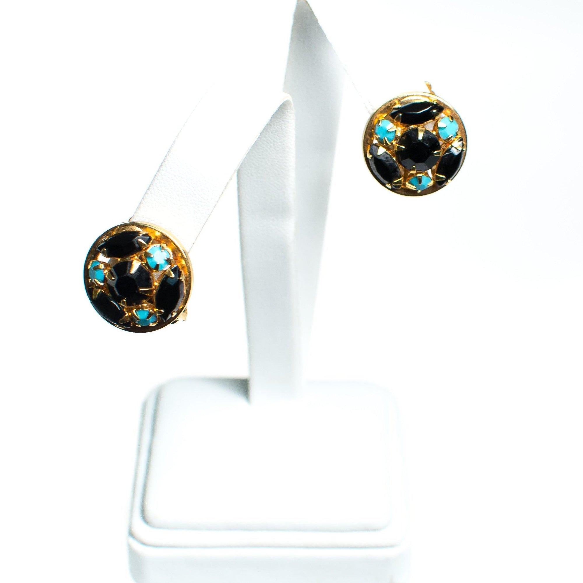 Vintage Blue and Turquoise Rhinestone Earrings, Round, Clip-on by 1950s - Vintage Meet Modern Vintage Jewelry - Chicago, Illinois - #oldhollywoodglamour #vintagemeetmodern #designervintage #jewelrybox #antiquejewelry #vintagejewelry