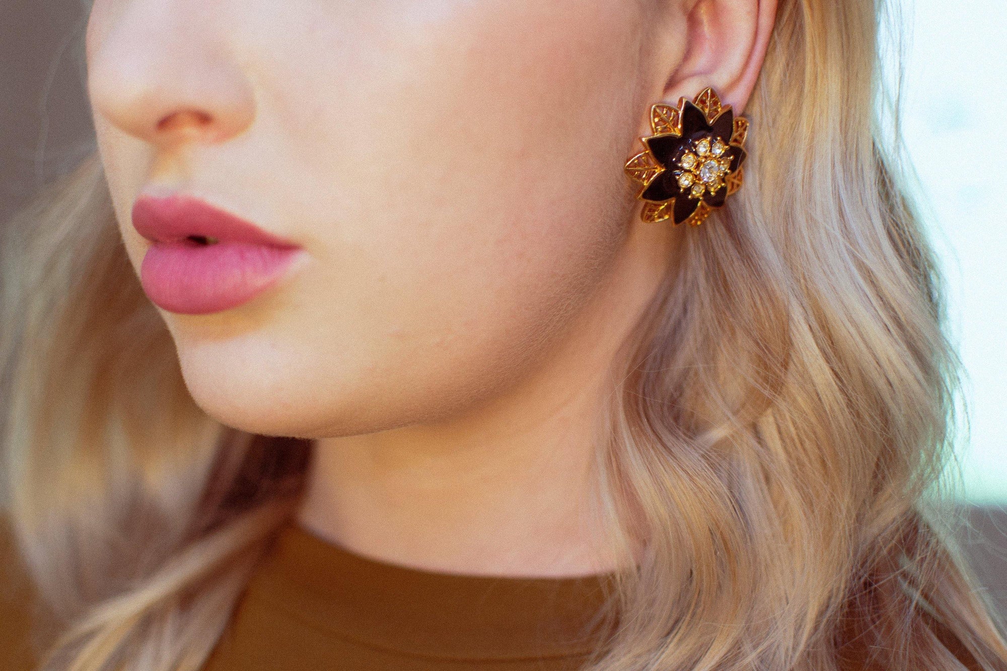 Vintage 1980s Black Enamel and Crystal Flower Gold Statement Earrings by 1980s - Vintage Meet Modern Vintage Jewelry - Chicago, Illinois - #oldhollywoodglamour #vintagemeetmodern #designervintage #jewelrybox #antiquejewelry #vintagejewelry
