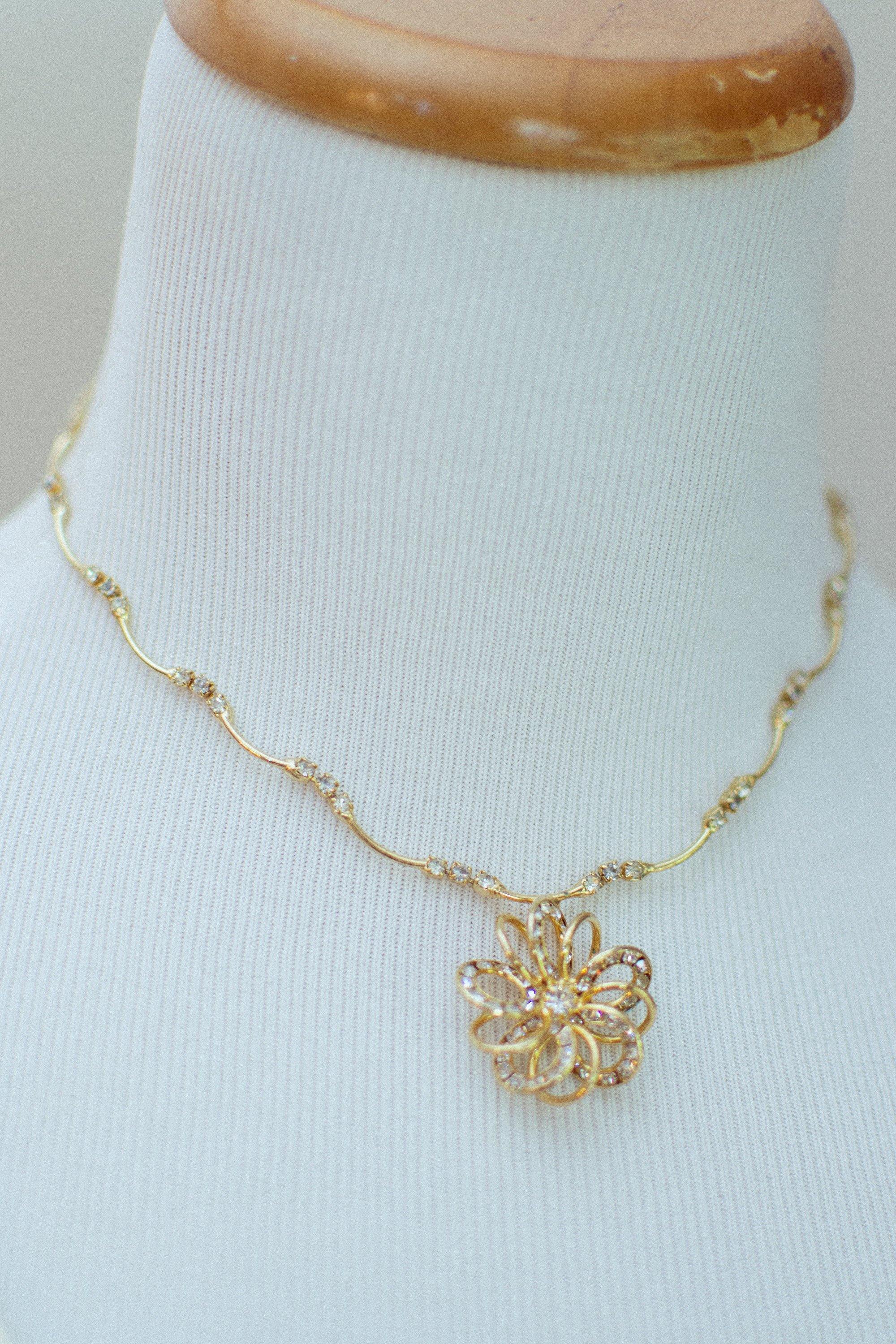 Vintage Dainty 1950s Gold Wired Flower and Rhinestone Necklace by 1950s - Vintage Meet Modern Vintage Jewelry - Chicago, Illinois - #oldhollywoodglamour #vintagemeetmodern #designervintage #jewelrybox #antiquejewelry #vintagejewelry