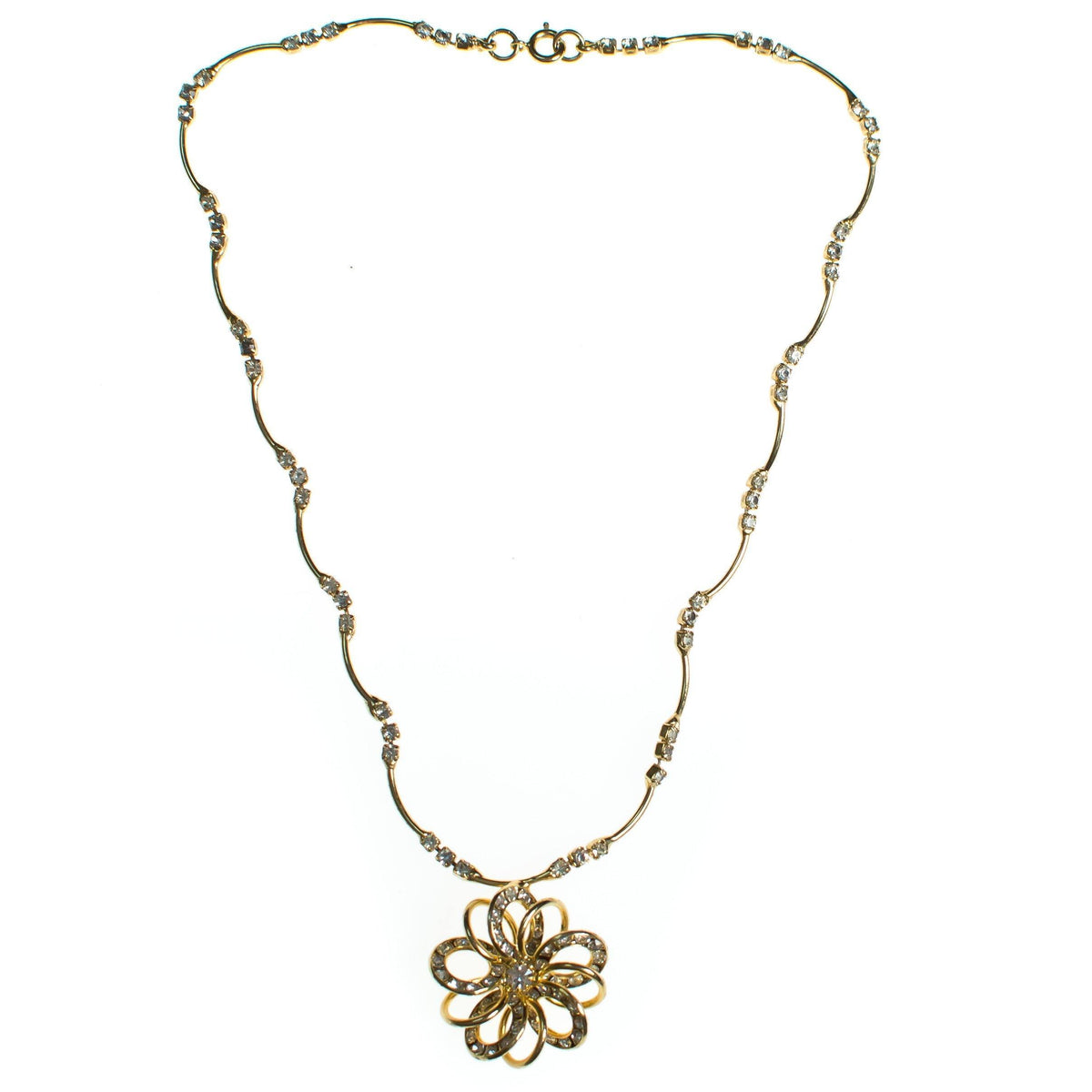 Vintage Dainty 1950s Gold Wired Flower and Rhinestone Necklace