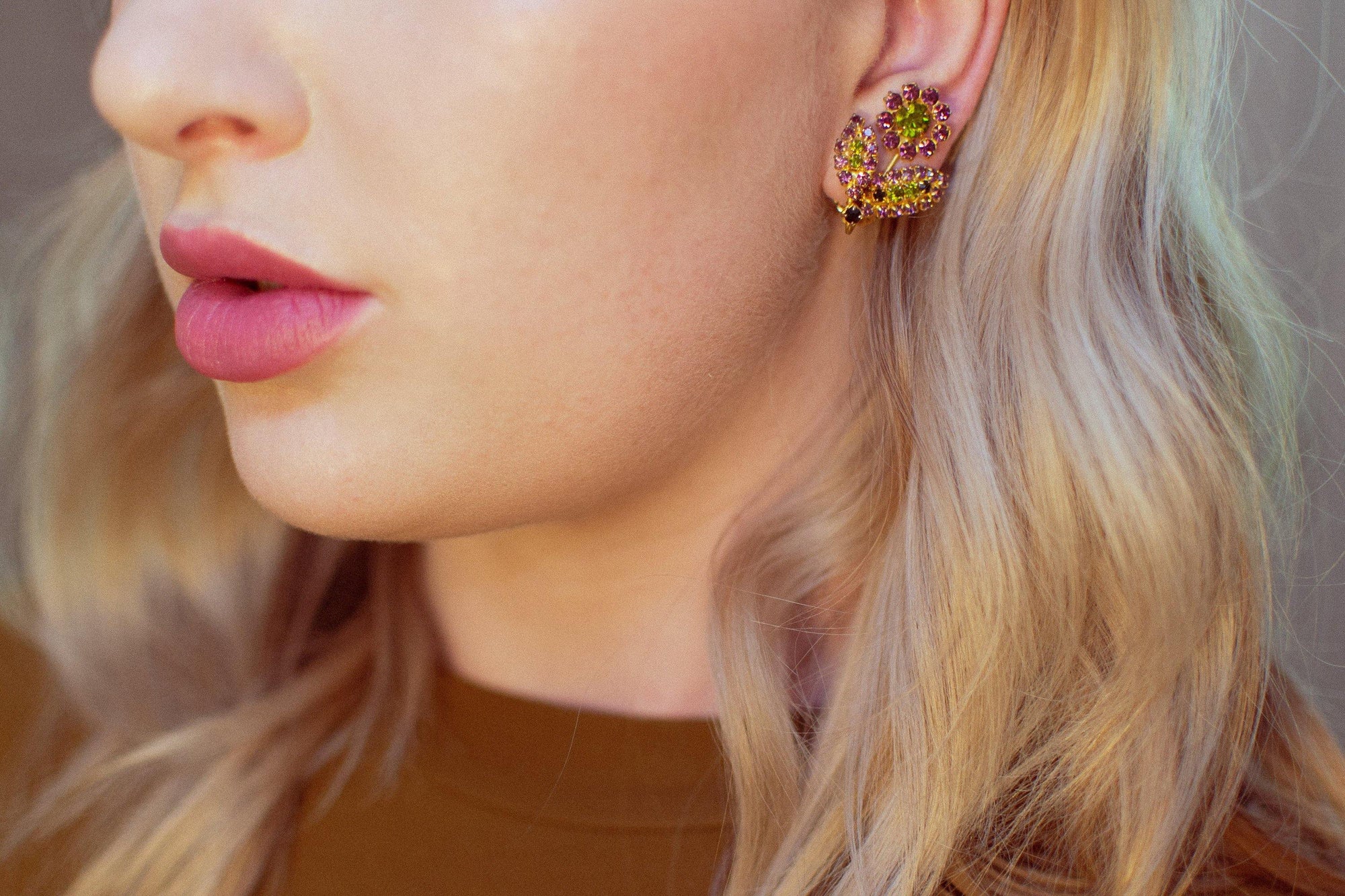 Vintage Purple and Green Rhinestone Flower Earrings, Clip On by 1960s - Vintage Meet Modern Vintage Jewelry - Chicago, Illinois - #oldhollywoodglamour #vintagemeetmodern #designervintage #jewelrybox #antiquejewelry #vintagejewelry