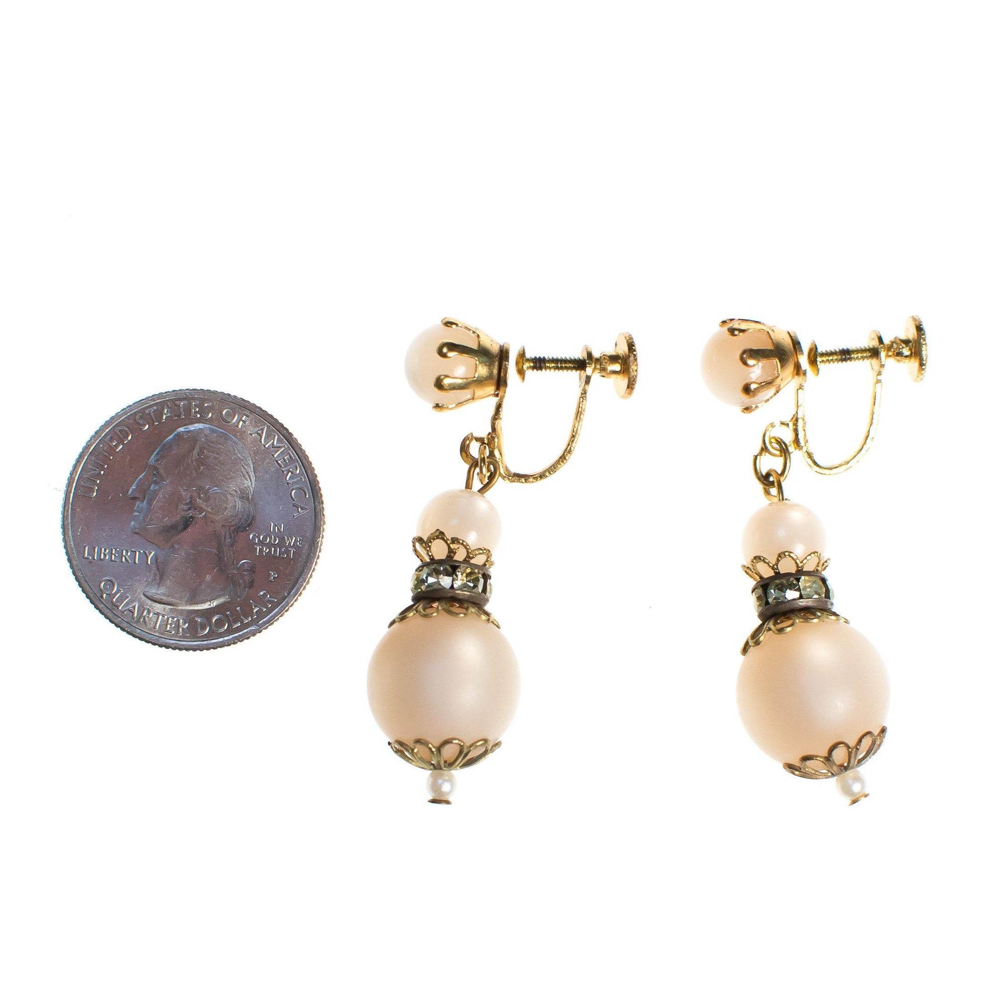 Vintage Champagne Moonglow Bead Dangling Earrings with Rhinestones by 1960s - Vintage Meet Modern Vintage Jewelry - Chicago, Illinois - #oldhollywoodglamour #vintagemeetmodern #designervintage #jewelrybox #antiquejewelry #vintagejewelry