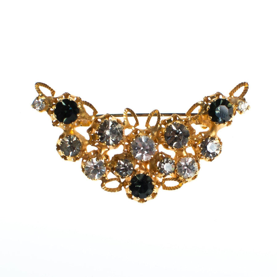Vintage Made In Austria Gold Filigree Brooch with Diamante, Smoke, and Jet Rhinestone Crystals by 1960s - Vintage Meet Modern Vintage Jewelry - Chicago, Illinois - #oldhollywoodglamour #vintagemeetmodern #designervintage #jewelrybox #antiquejewelry #vintagejewelry