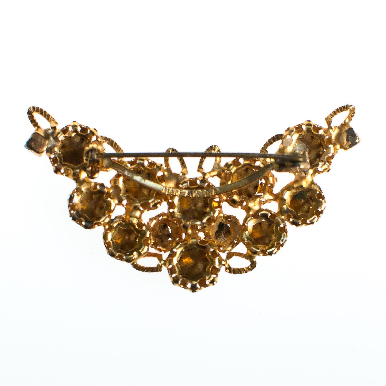 Vintage Made In Austria Gold Filigree Brooch with Diamante, Smoke, and Jet Rhinestone Crystals by 1960s - Vintage Meet Modern Vintage Jewelry - Chicago, Illinois - #oldhollywoodglamour #vintagemeetmodern #designervintage #jewelrybox #antiquejewelry #vintagejewelry