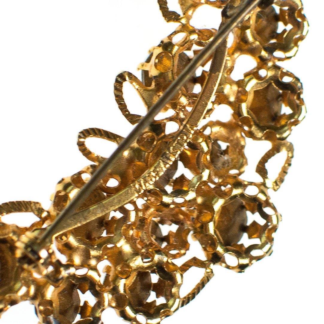 Vintage Made In Austria Gold Filigree Brooch with Diamante, Smoke, and Jet Rhinestone Crystals by 1960s - Vintage Meet Modern Vintage Jewelry - Chicago, Illinois - #oldhollywoodglamour #vintagemeetmodern #designervintage #jewelrybox #antiquejewelry #vintagejewelry