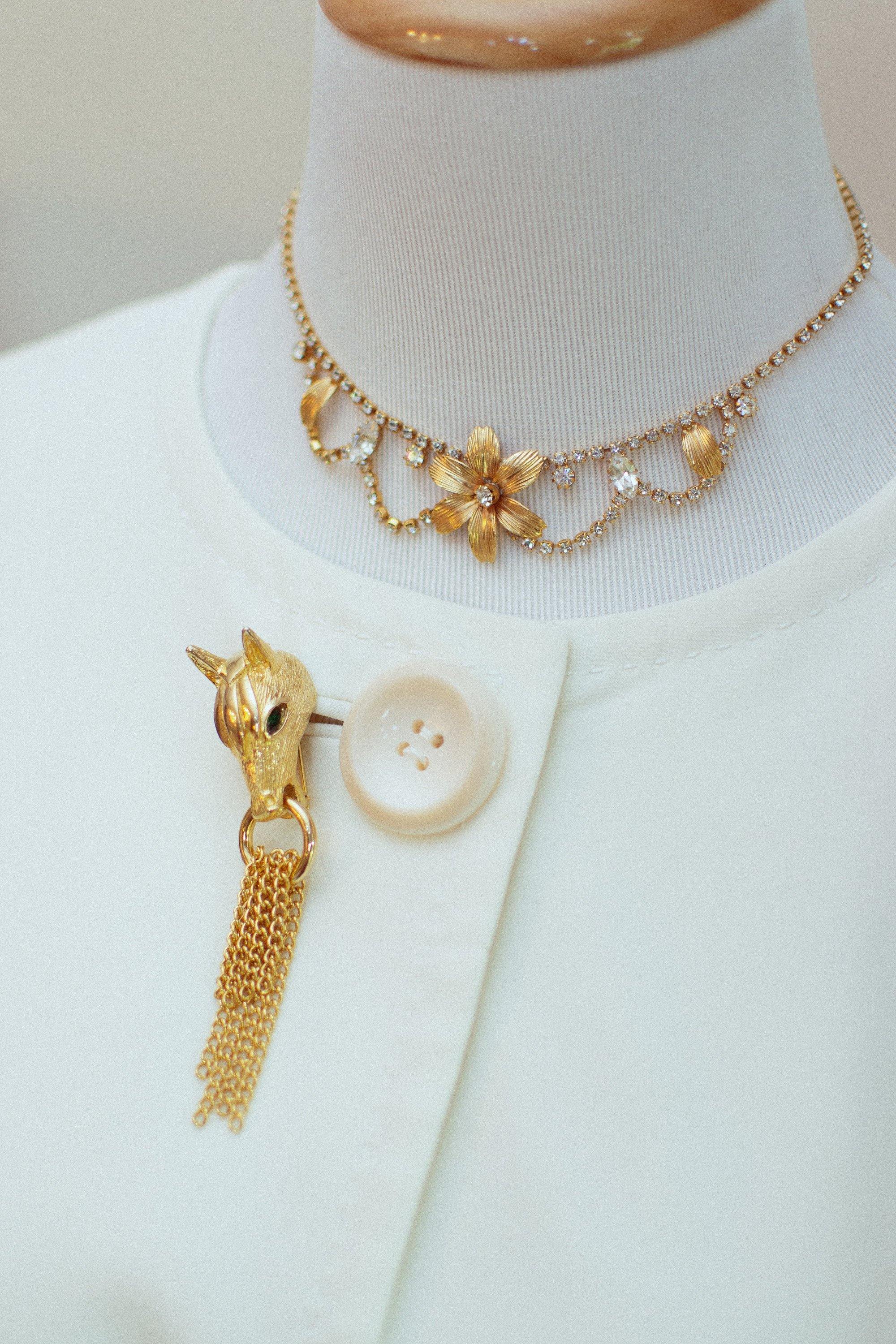 Vintage Flower Necklace with Rhinestones by 1960s - Vintage Meet Modern Vintage Jewelry - Chicago, Illinois - #oldhollywoodglamour #vintagemeetmodern #designervintage #jewelrybox #antiquejewelry #vintagejewelry