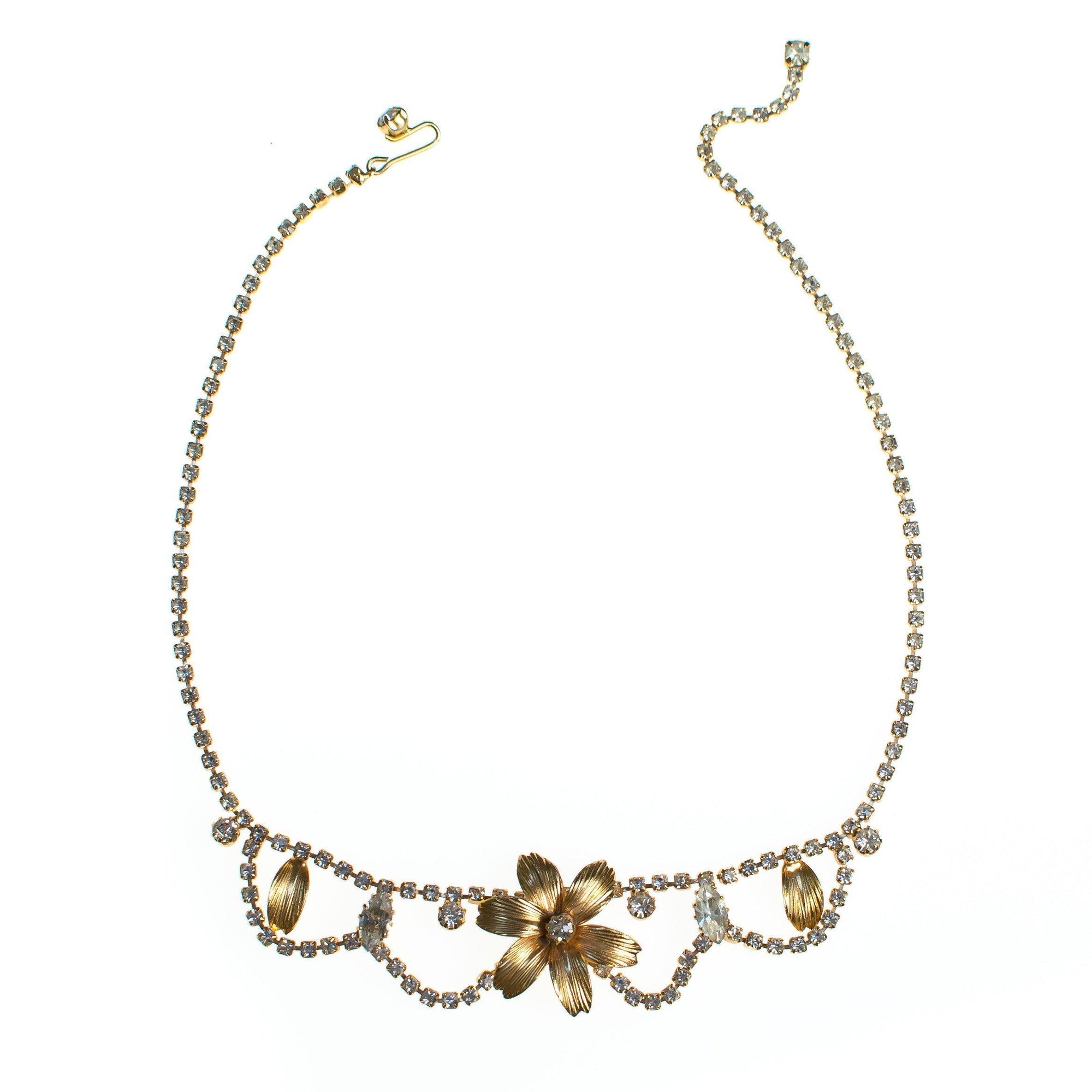 Vintage Flower Necklace with Rhinestones by 1960s - Vintage Meet Modern Vintage Jewelry - Chicago, Illinois - #oldhollywoodglamour #vintagemeetmodern #designervintage #jewelrybox #antiquejewelry #vintagejewelry