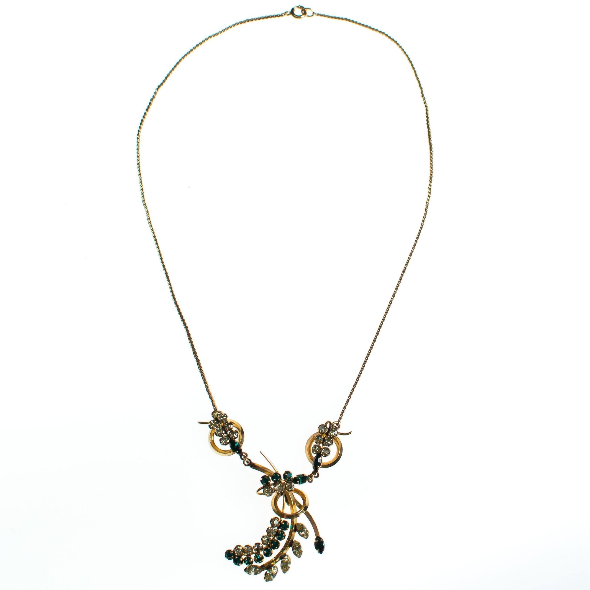 Vintage 1940s 1/20 12 kt Gold Filled Emerald and Yellow Rhinestone Floral Spray Necklace by 1940s - Vintage Meet Modern Vintage Jewelry - Chicago, Illinois - #oldhollywoodglamour #vintagemeetmodern #designervintage #jewelrybox #antiquejewelry #vintagejewelry